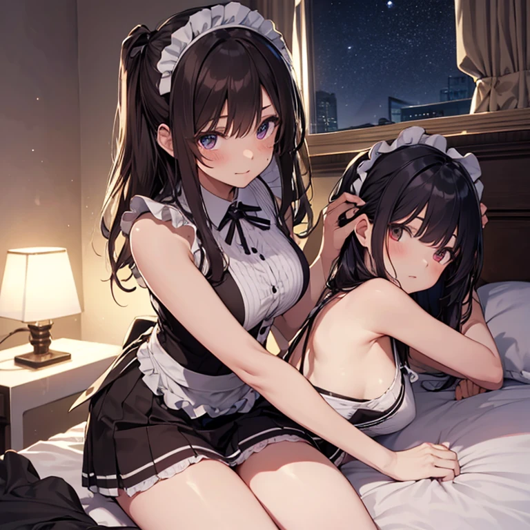 A maids, (in bedroom), various hair styles, night, details face, short skirt, seducing, sleeveless, maid uniform, armpits, , on bed