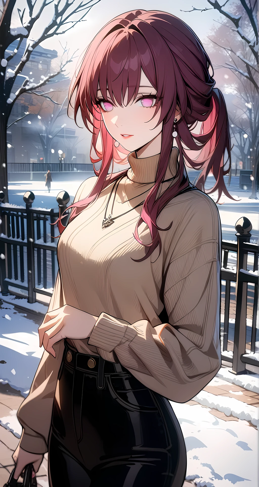 1girl, kafka,honkai star rail,brown hair,pigtails,stunning,beautiful eyes,blue marine eyes,casual clothes,turtleneck sweater,jewelry,earrings,turtleneck sweater,necklace,black pants,outdoors,snowing,public park,trees,iron fence,warm colors,ultra detailed,masterpiece,best quality,