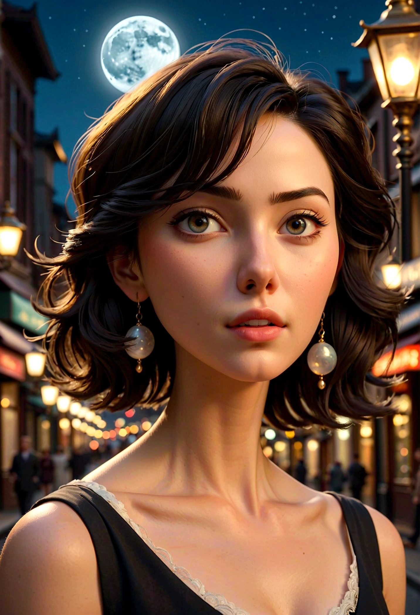 masterpiece, best quality, Miranda, Half-length photo,Street Lights,moon,masterpiece, Beautiful woman on the busy street, Beautiful and delicate face, Porcelain skin, night, Black Hair, short hair, symmetry, complex, grace, High Detail, realism, Art, concept Art,