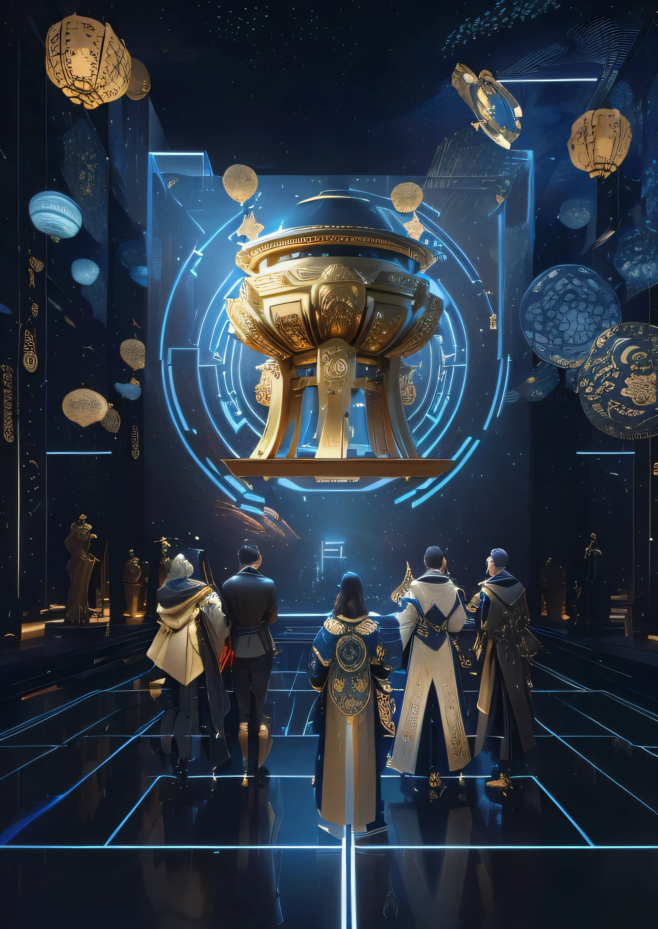 5 people surrounding a golden tripod, Three men and two women, we go deep into the virtual universe, The encrypted metaverse, Computers and holograms, Hologram of the Chinese cultural relic Golden Tripod, Museum Background, virtual metaverse room,Chinese antique elements on both sides are collection cabinets, super detailed SCP cultural relic jars, holographic products, 5 Archaeological Figures, 8k high definition jpeg artifact