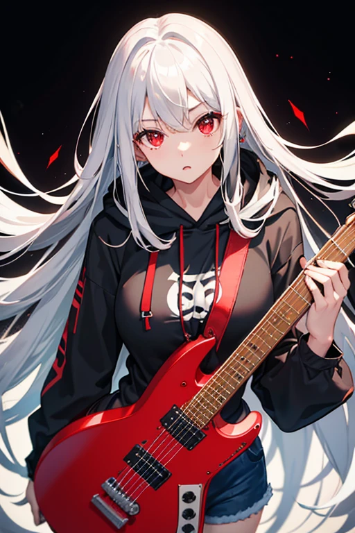 background through, long hair、 straight hair、 silver hair girl, red eyes、 Super high quality, 8K、Upper body、 black background、 Band vocals、 (black hoodie)、 ((big tits)), ((((Young face)))), ((Red Electric Guitar)), denim shorts, ((shoot from above))
