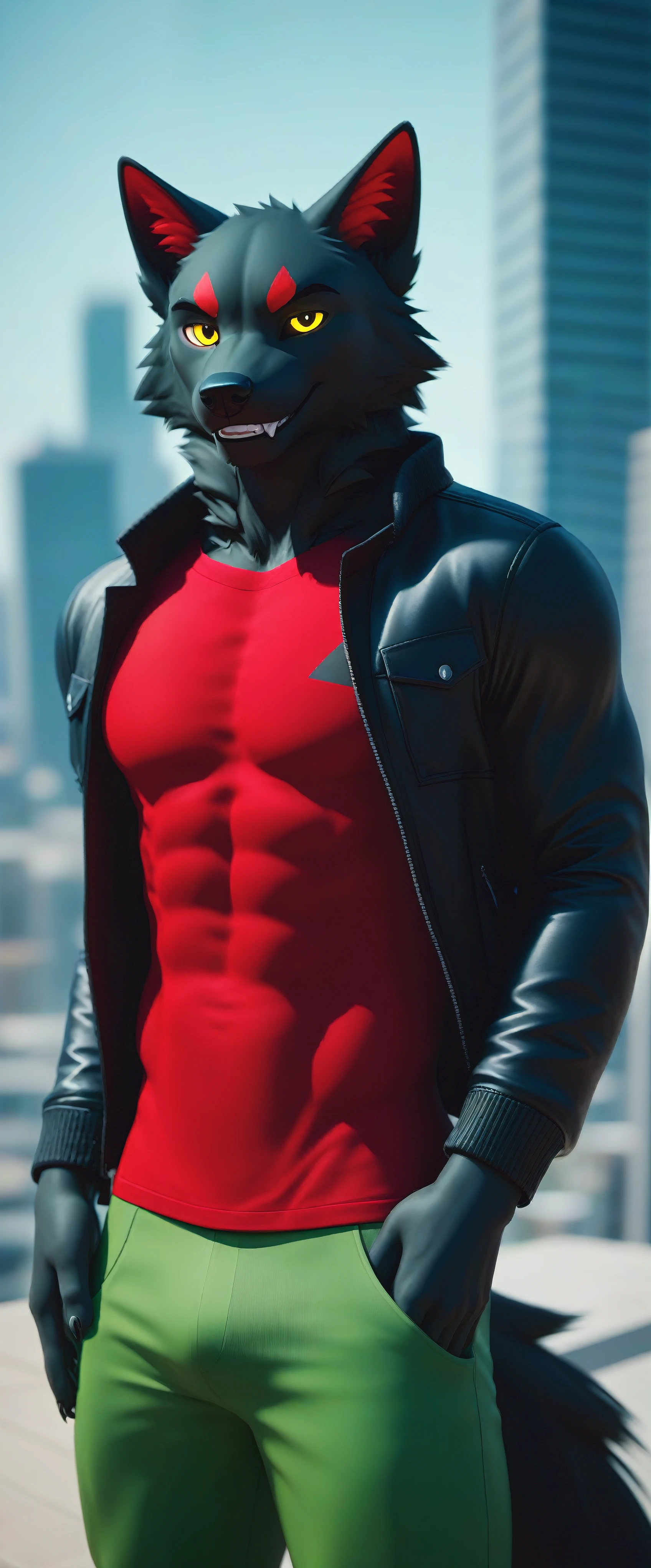 score_9, score_8_up, score_7_up, rating_safe,source_furry, anthro,source_3D Ultra realistic,
sexy muscular wolf male Wearing a black jacket, red t-shirt and long green pants Looking at the viewer seductive smile Alone in a futuristic city And golden eyes
