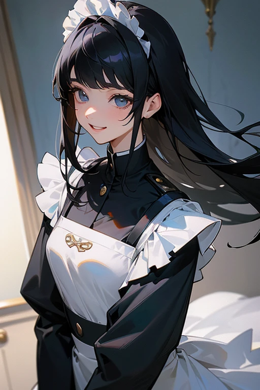 (Highest Resolution, clear_image) highest quality, One woman, alone, masterpiece, Very detailed, Semi-realistic, Black Hairのショートヘア, Black Hair, bangs, 18-year-old, mature, light blue uniform, uniform, Indoor Background, kind, Authoritative, Powerful, exquisite features, exquisite features、Eyelashes become longer、Showing teeth、smile😀、Maid clothes、woman'Fingers in the、Sleeping on the sofa、Long Hair、Fluttering in the wind、Navy blue clothes、Long Hair、Kissing Face、Overreaching、