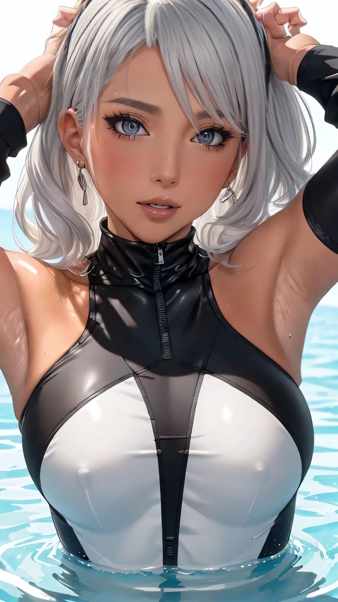 (Random sexy Pose),(floating in water),(soaked),(rash guard:1.2),silver hair,(tanned skin:1.5),(Thin type:1.8),(big breasts),(random hairstyle),(Highest image quality,(8k),ultra-realistic,best quality, high quality, high definition, high quality texture,high detail,beautiful detailed,fine detailed,extremely detailed cg,detailed texture,a realistic representation of the face,masterpiece,Sense of presence)