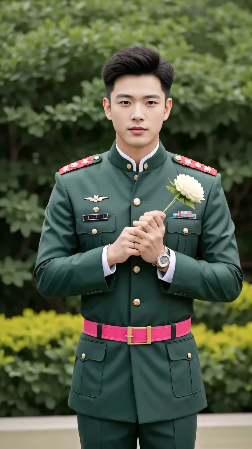 8k,(masterpiece),Best quality,2d,Asian men,Wearing embroidered guards,Wearing military uniform,yanjun chengt,Wearing a full set of army green,officer,Unified background,Wearing a general's uniform,Topless photos,Green Clothing,Holding carnation flowers,Happy Mother's Day,Holding a big pink flower,Holding big pink flowers,Muscle Man,Handsome hairstyle,