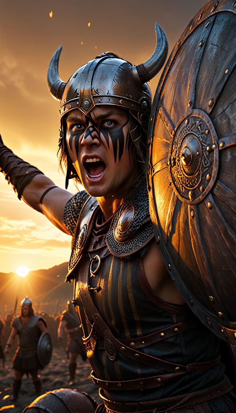 As the sun began to set, The warm golden hues of the sun illuminated his ornate attire, extreme wide angle shot from below, Viking warriors making shield wall with dark striped face paint, scary warrior face, battle cry, background dark, hyper realistic, ultra detailed hyper realistic, photorealistic, Studio Lighting, in screenshot from the 300 movie, reflections, dynamic pose, Cinematic, Color Grading, Photography, Shot on 50mm lens, Depth of Field, hyper-detailed, beautifully color, 8k,