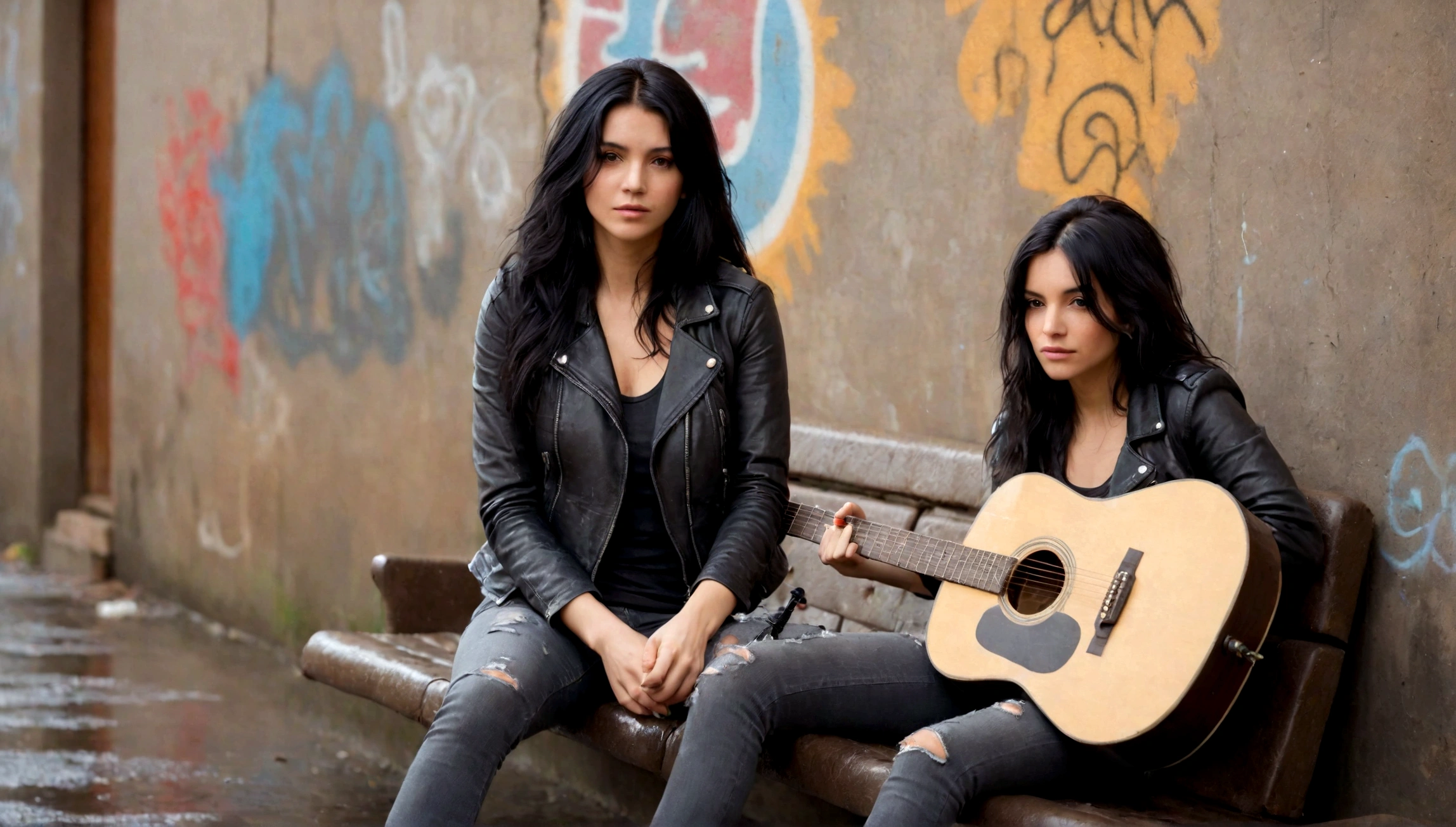 Raining day, bokeh background, A beautiful lady with long black hair, leather jacket, grey t shirt, and ripped black jeans, sitting on an old and tattered leather couch, she is looking at the camera while playing a guitar. The location is in front of a bricked wall with graffiti, on a sidewalk. There is water pouring from a fire hydrant in the front of the picture, creating a good moment that captured by the camera. The sun is setting, soft and cinematic lighting
