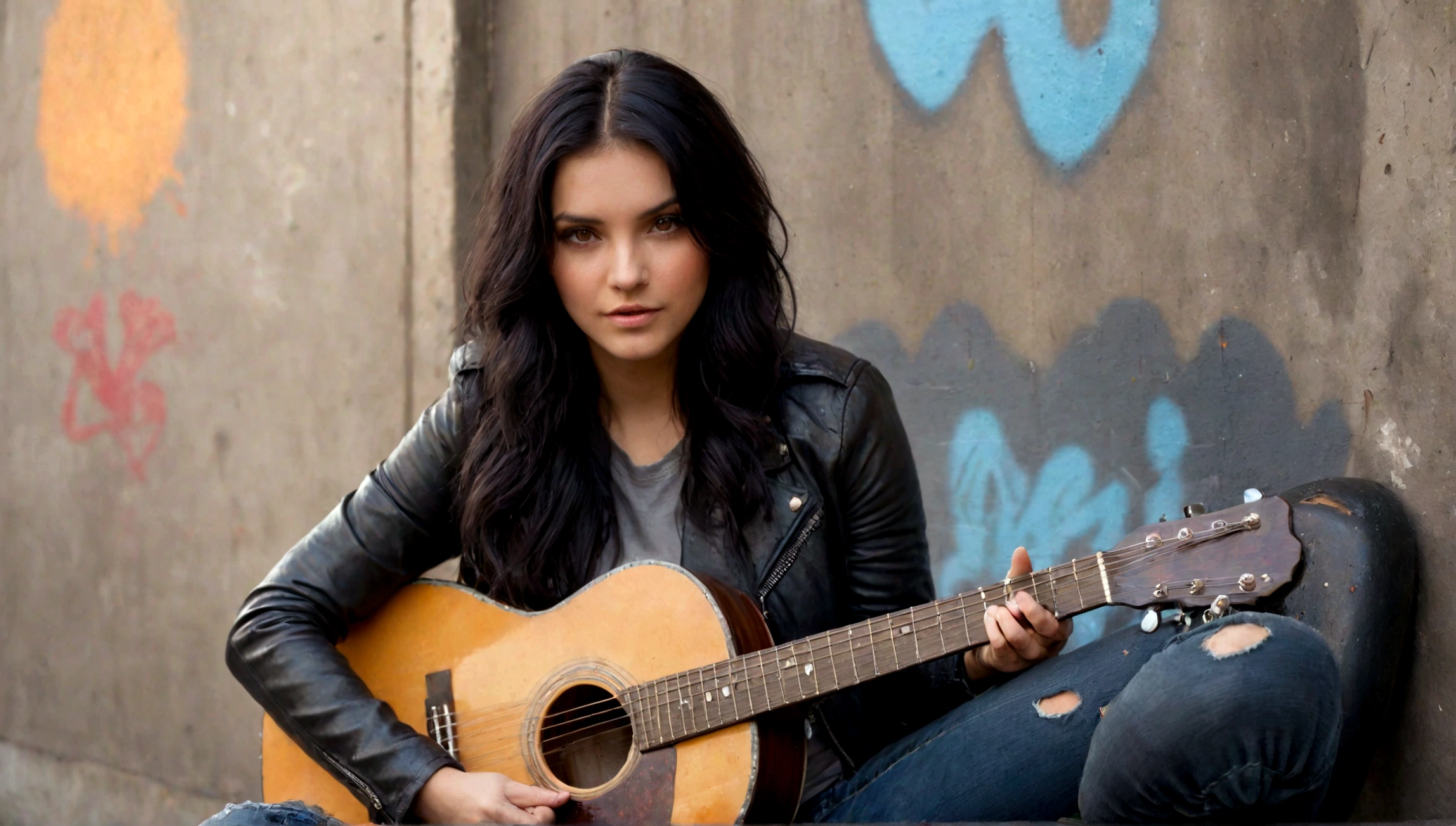 Raining day, bokeh background, A beautiful lady with long black hair, leather jacket, grey t shirt, and ripped black jeans, sitting on an old and tattered leather couch, she is looking at the camera while playing a guitar. The location is in front of a bricked wall with graffiti, on a sidewalk. There is water pouring from a fire hydrant in the front of the picture, creating a good moment that captured by the camera. The sun is setting, soft and cinematic lighting
