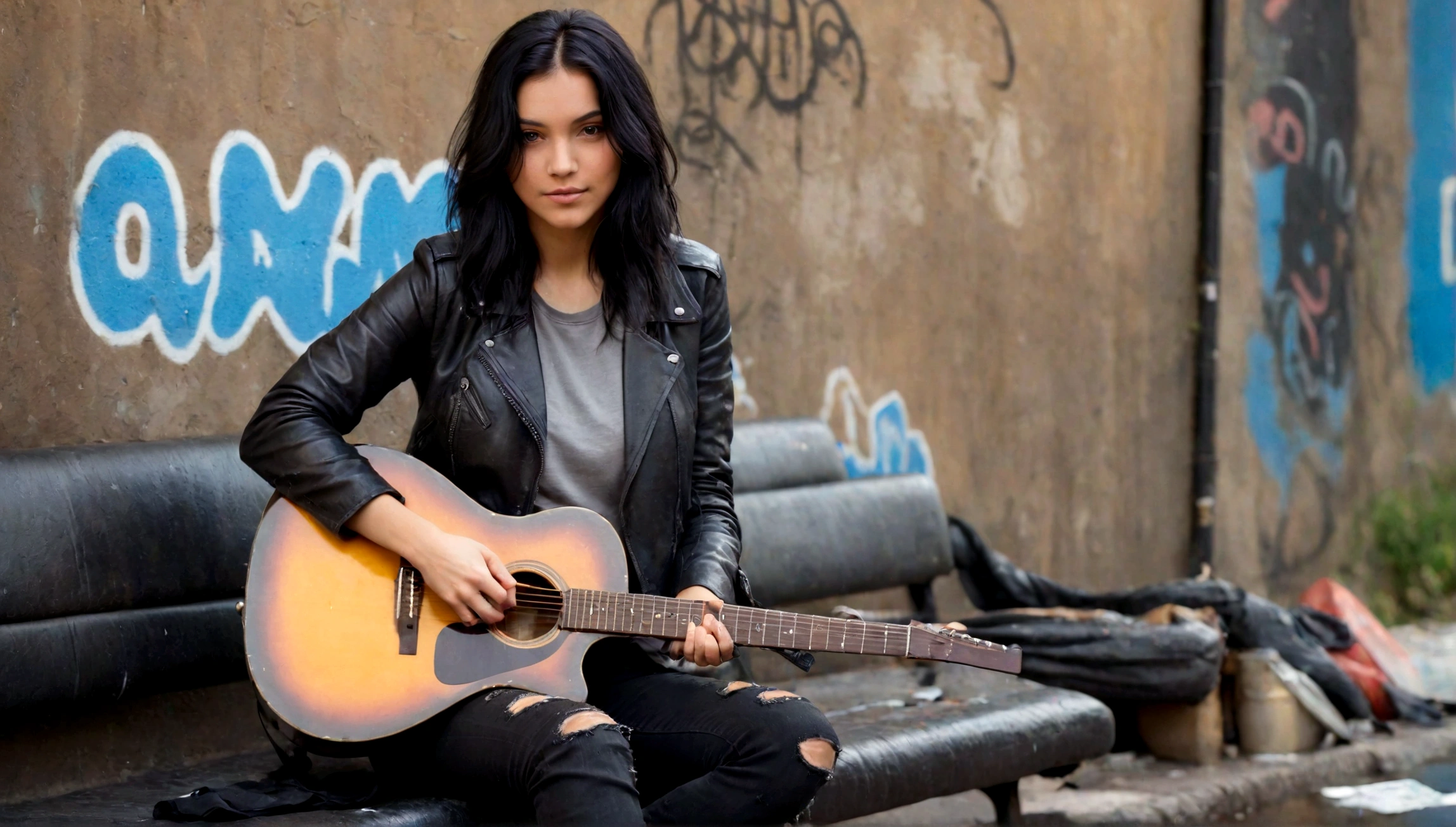 Raining day, bokeh background, A beautiful lady with long black hair, leather jacket, grey t shirt, and ripped black jeans, sitting on an old and tattered leather couch, she is looking at the camera while playing a guitar. The location is in front of a bricked wall with graffiti, on a sidewalk. There is water pouring from a fire hydrant in the front of the picture, creating a good moment that captured by the camera. The sun is setting, soft and cinematic lighting
