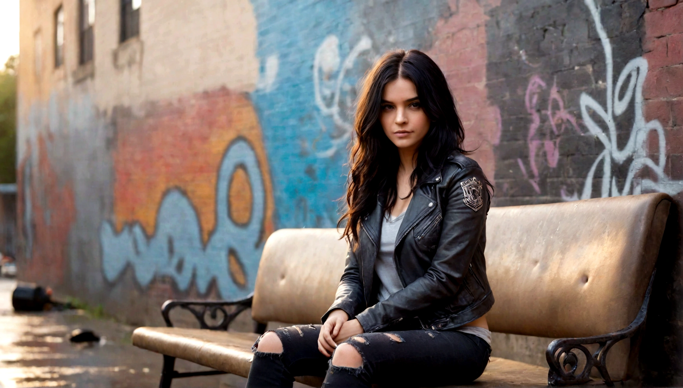 Raining day, bokeh background, A beautiful lady with long black hair, leather jacket, grey t shirt, and ripped black jeans, sitting on an old and tattered leather couch, she is looking at the camera while playing a guitar. The location is in front of a bricked wall with graffiti, on a sidewalk. There is water pouring from a fire hydrant in the front of the picture, creating a good moment that captured by the camera. The sun is setting, soft and cinematic lighting
