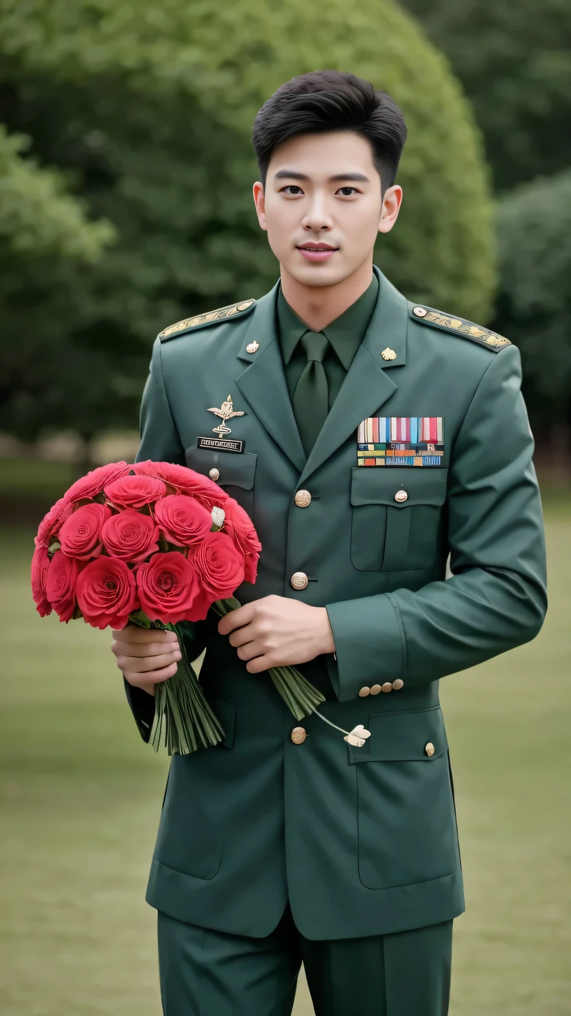 8k,(masterpiece),Best quality,2d,Asian men,Wearing embroidered guards,Wearing military uniform,yanjun chengt,Wearing a full set of army green,officer,Unified background,Wearing a general's uniform,Topless photos,Green Clothing,Holding carnation flowers,Happy Mother's Day,Holding a big pink flower,Holding big pink flowers,Muscle Man,Handsome hairstyle,