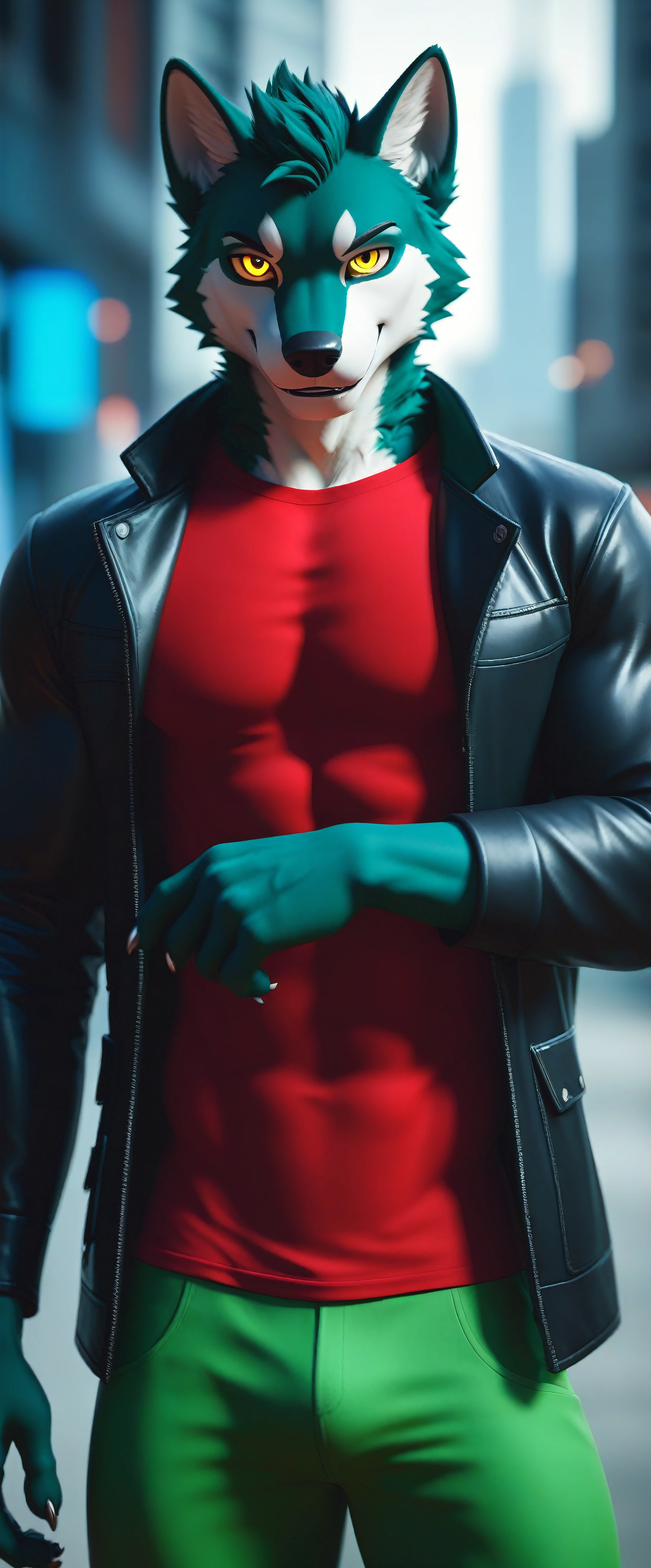 score_9, score_8_up, score_7_up, rating_safe,source_furry, anthro,source_3D Ultra realistic,
sexy muscular wolf male Wearing a black jacket, red t-shirt and long green pants Looking at the viewer seductive smile Alone in a futuristic city And golden eyes 