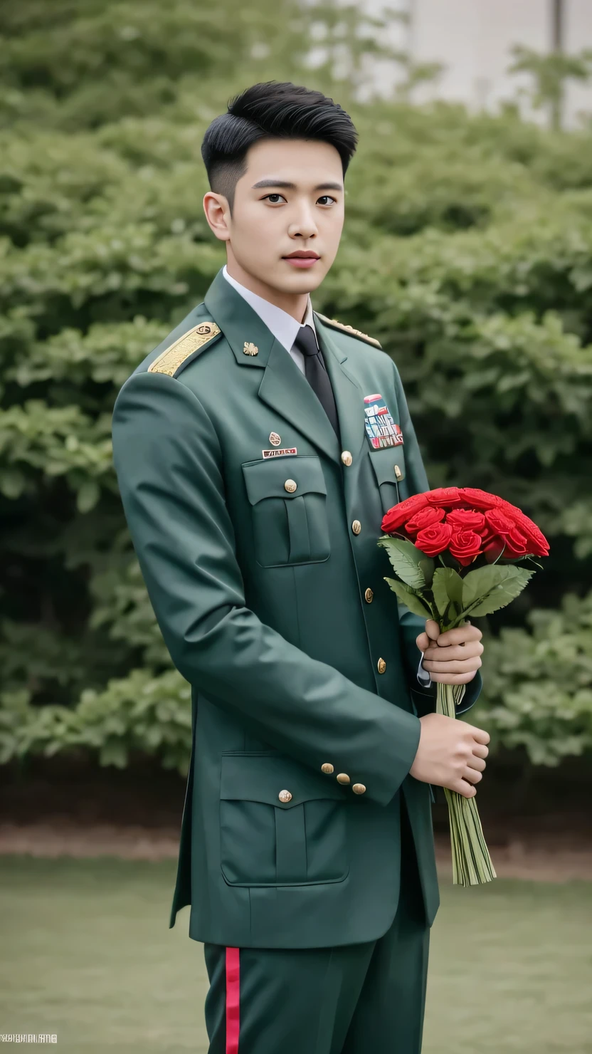 8k,(masterpiece),Best quality,2d,Asian men,Wearing embroidered guards,Wearing military uniform,yanjun chengt,Wearing a full set of army green,officer,Unified background,Wearing a general's uniform,Topless photos,Green Clothing,Holding carnation flowers,Happy Mother's Day,Holding a big pink flower,Holding big pink flowers,Muscle Man,Handsome hairstyle,