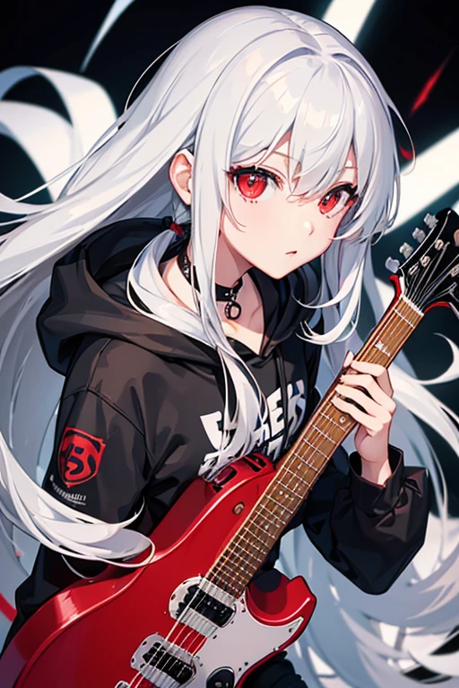 background through, long hair、 straight hair、 silver hair girl, red eyes、 Super high quality, 8K、Upper body、 black background、 Band vocals、 (black hoodie)、 ((big tits)), ((((Young face)))), ((Red Electric Guitar)), denim shorts, ((shoot from above))