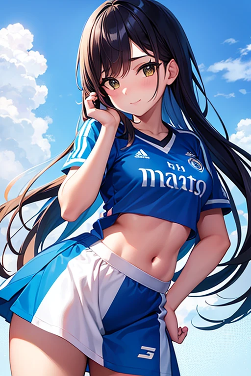 chica futbolista joven con pelo de color aguamarina y dos colas en el cabello y uniforme del real madrid