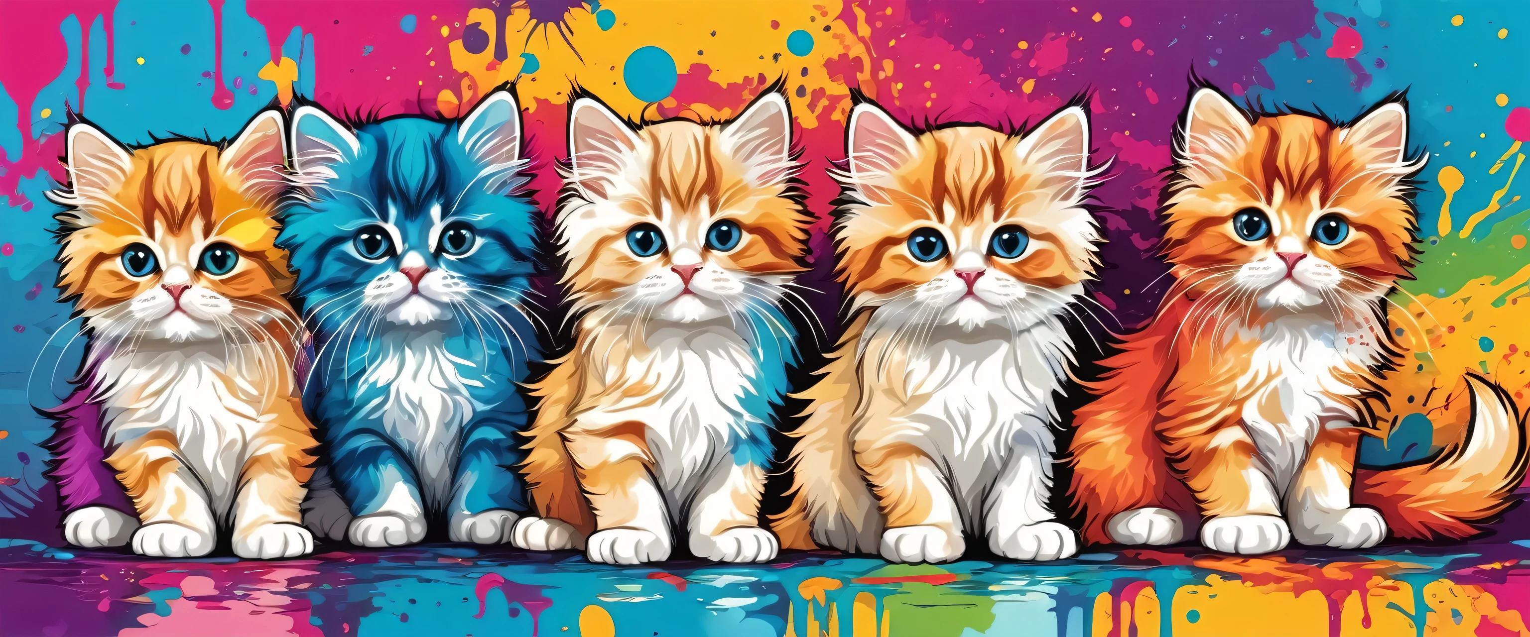 Vector Art, Colorful illustration with lots of cute Persian kittens, In the center, Vibrant colors, Paint splatters and stains, High Detail,Hawaiian style background