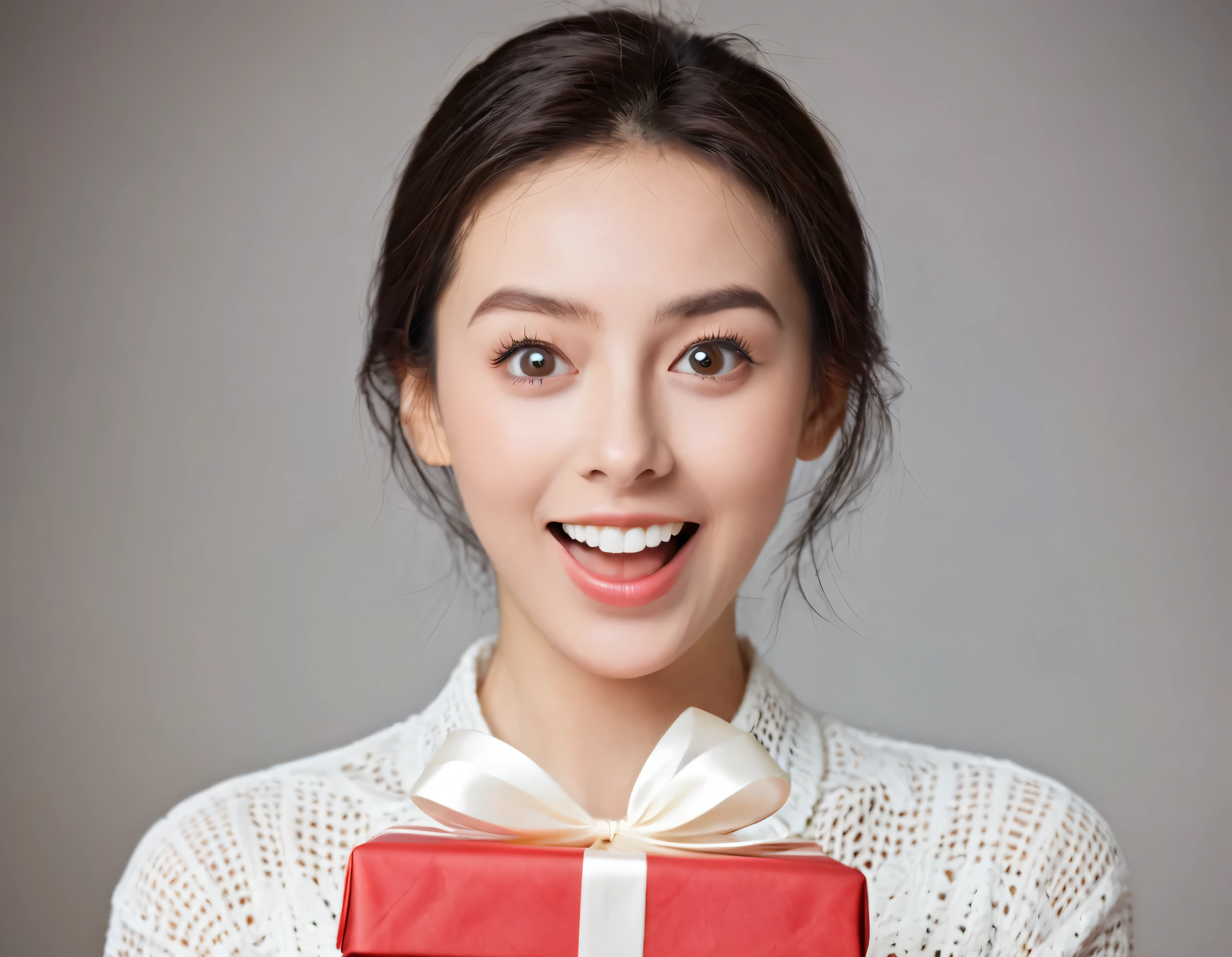 a beautiful young woman, receiving a gift, surprised expression,Natural eyes,happy,Nice smile,Upper body photo