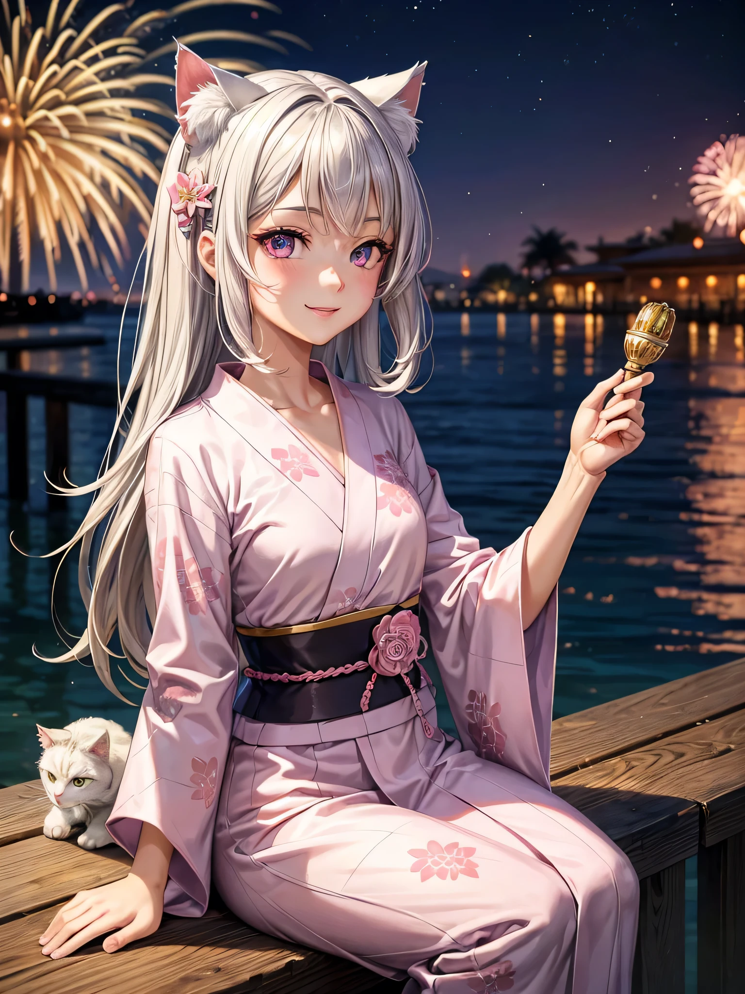 masterpiece,highest quality,Highly detailed face,fine grain,Waterfront,bubble,Sparkling eyes,Highlighted eyes,Center of chest,pretty girl,smile,Cat ear,Beautiful silver hair,Pink inside,Beautiful pink eyes, yukata, firework
