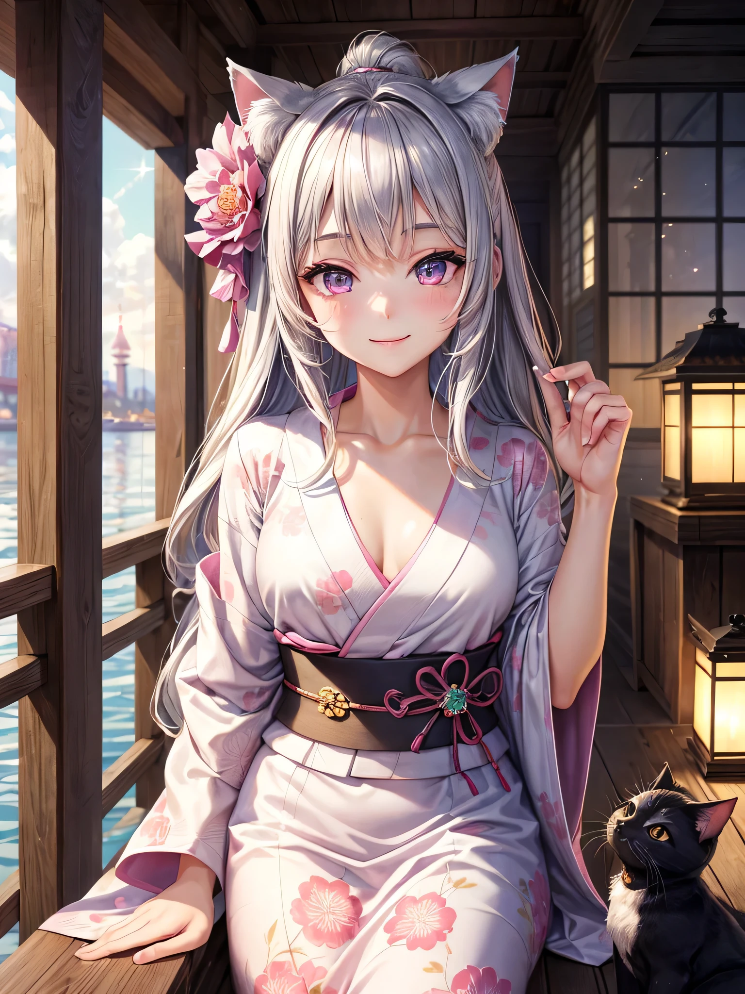 masterpiece,highest quality,Highly detailed face,fine grain,Waterfront,bubble,Sparkling eyes,Highlighted eyes,Center of chest,pretty girl,smile,Cat ear,Beautiful silver hair,Pink inside,Beautiful pink eyes, yukata, firework
