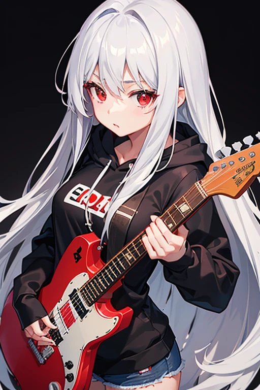 background through, long hair、 straight hair、 silver hair girl, red eyes、 Super high quality, 8K、Upper body、 black background、 Band vocals、 (black hoodie)、 ((big tits)), ((((Young face)))), ((Red Electric Guitar)), denim shorts, (shoot from above),