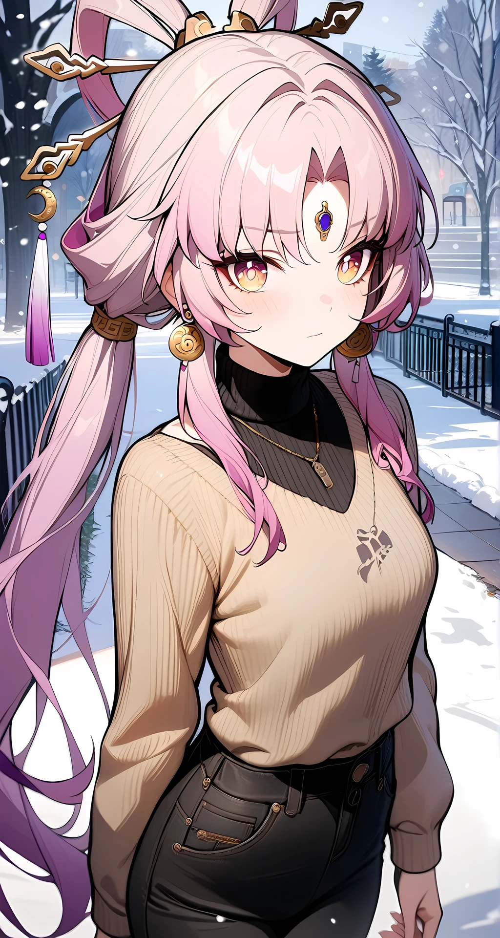 1girl, Fu Xuan,honkai star rail,brown hair,pigtails,stunning,beautiful eyes,blue marine eyes,casual clothes,turtleneck sweater,jewelry,earrings,turtleneck sweater,necklace,black pants,outdoors,snowing,public park,trees,iron fence,warm colors,ultra detailed,masterpiece,best quality, 