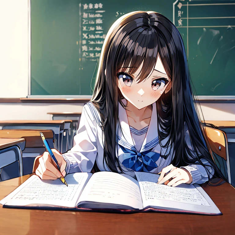 (masterpiece, best quality:1.2), 1 anime girl with long black hair ,school,(exam:1.3),classroom,study,perfect face, huge class, having a pencil, writing, taking a note ,1 girl,(solo:1.3),