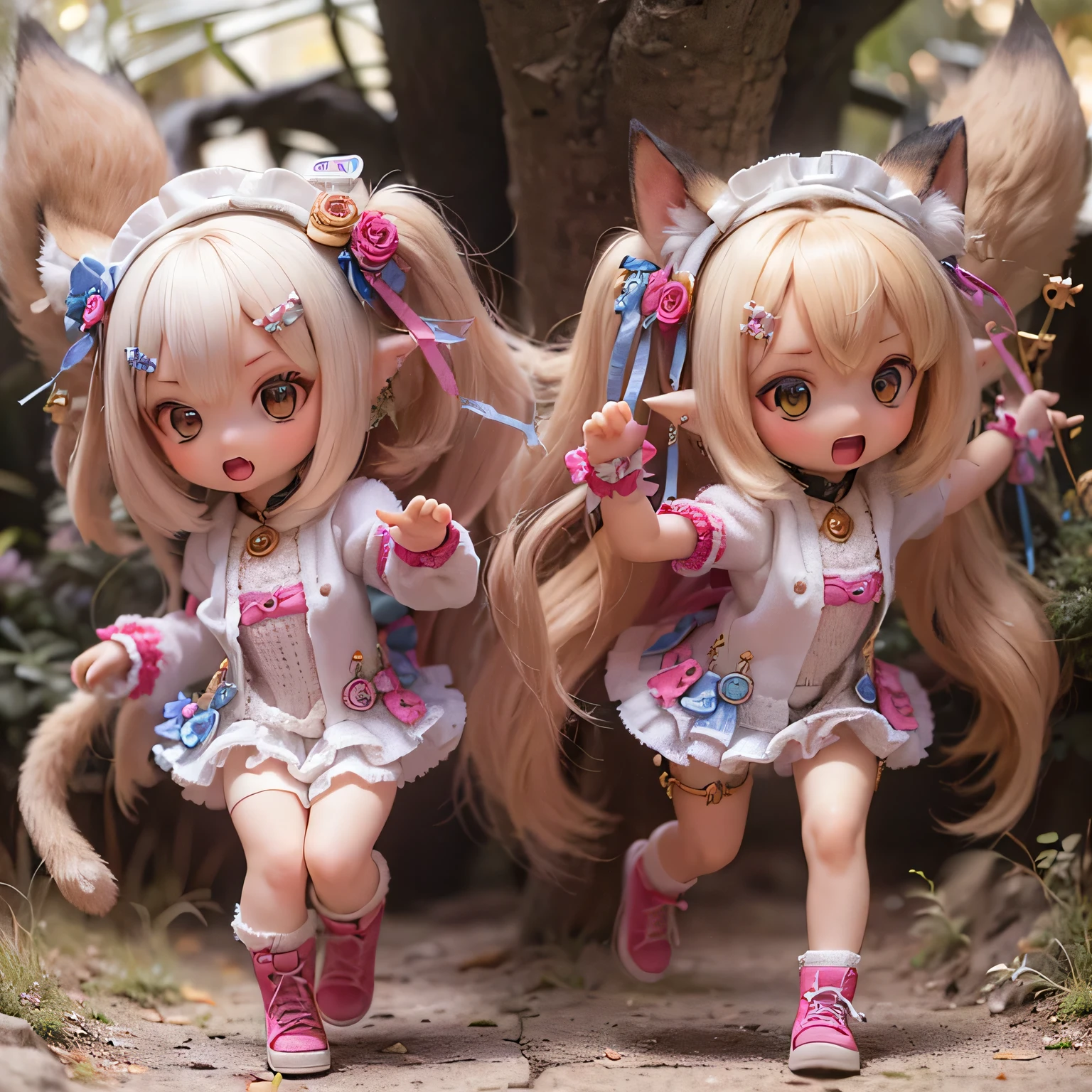 (highest quality,Super detailed:1.2,High resolution:1.2),Wildcat Girls,running,Chibi Style,Energetic,Playful,Expression of joy,Exaggerated movements,Manga style,2 girls,Striped outfits,Tail and ears,Whimsical backgrounds,Flowers,Bright colors,Vibrant atmosphere,Manga style,Fun and lively