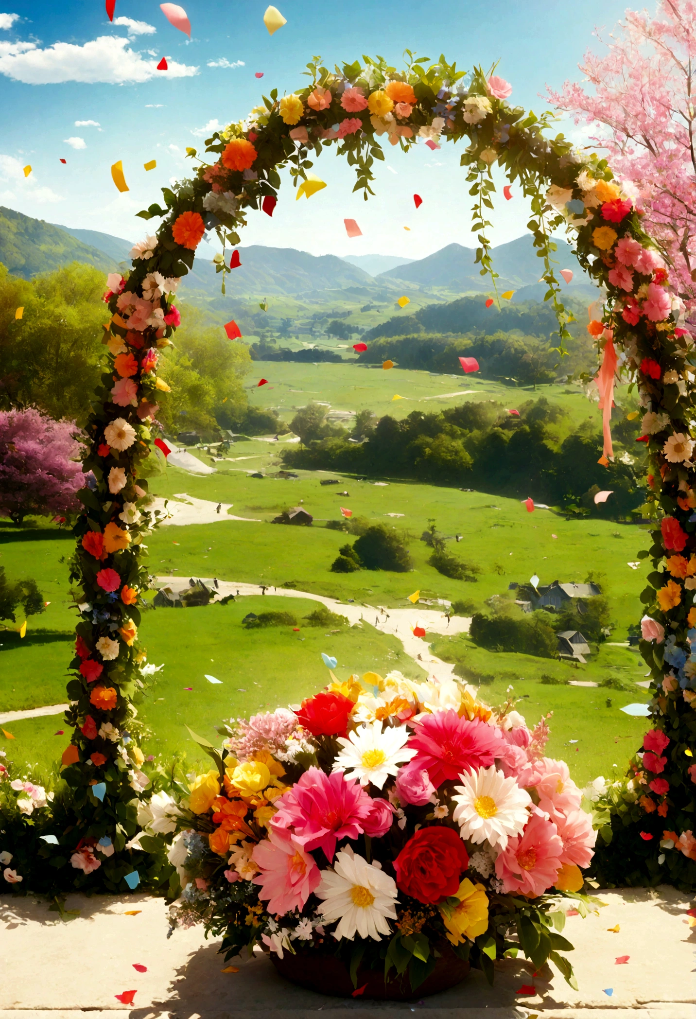 A room decorated with flowers and confetti, spring day, , Official Fan Art, Bright Scene,, Coronation, Promotional Photos, flowering, Video stills, Music video stills, Bright sky, , Full shot of the landscape, Promotional Photos, Concept photo, Promotional Images, Color photography, highlight、Euphoria、bouquet、happiness