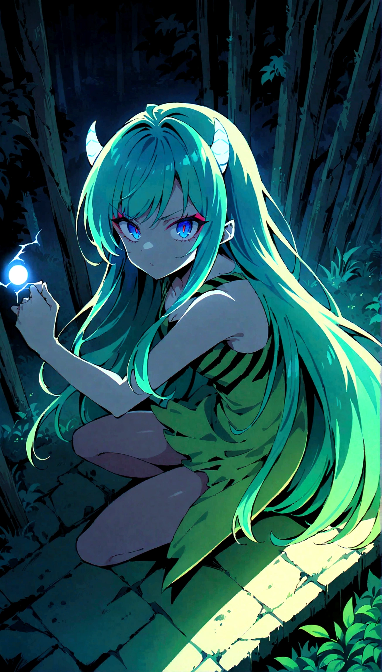 (score_9, score_8_up, score_7_up), solo, lum, long hair, bangs, green hair, blue eyes, tiny tigerstripped horns, aqua hair, eyeshadow, 4k, intricately detailed, source_anime, forest, abandoned ruins in the forest, sitting, sitting on a ruined step, dynamic pose, sexy pose, casting electrical spell, (Ball lightning in hand), evening, night, moonlight, ultra detail, detail eyes, detail face, good face, glamour, ray tracing, natural lighting, perfect lighting, perfect white balance, threatening, threatens the viewer, evil, horny, look at viewer