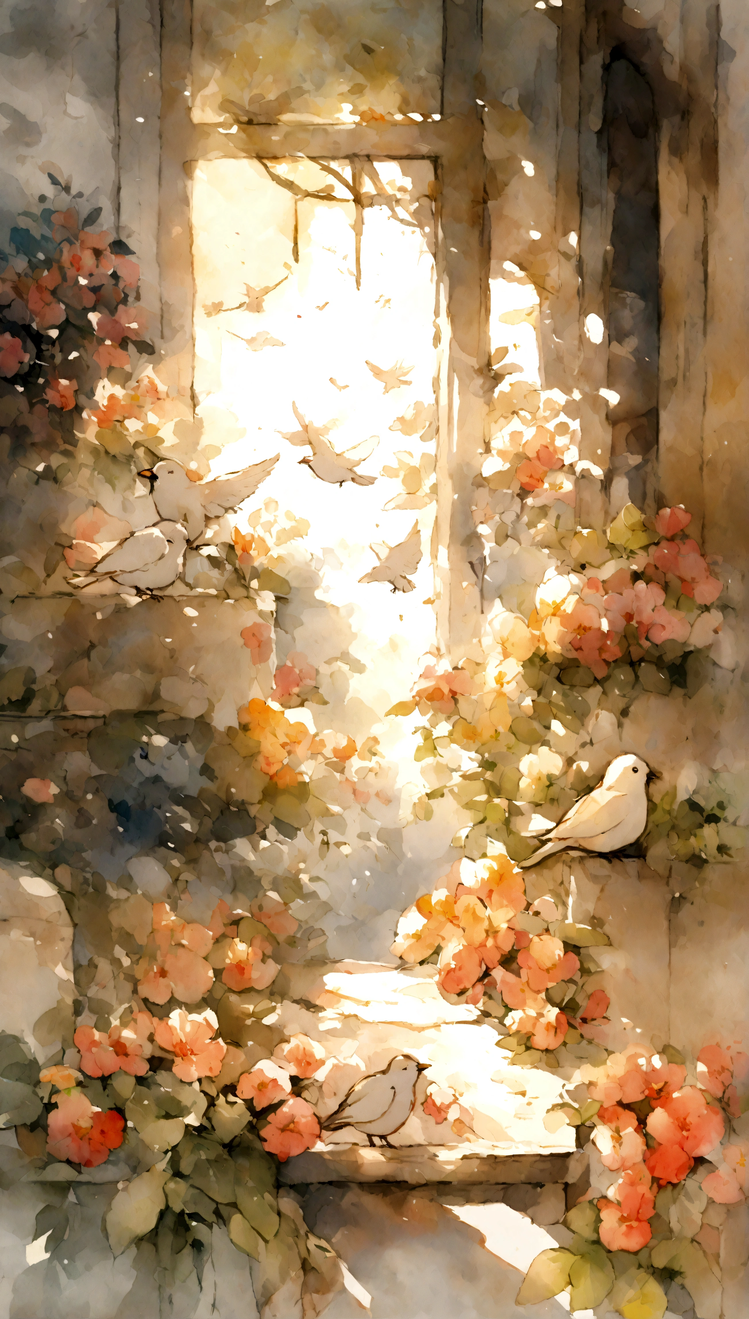 Flowers and birds, sketching, Watercolor color.
