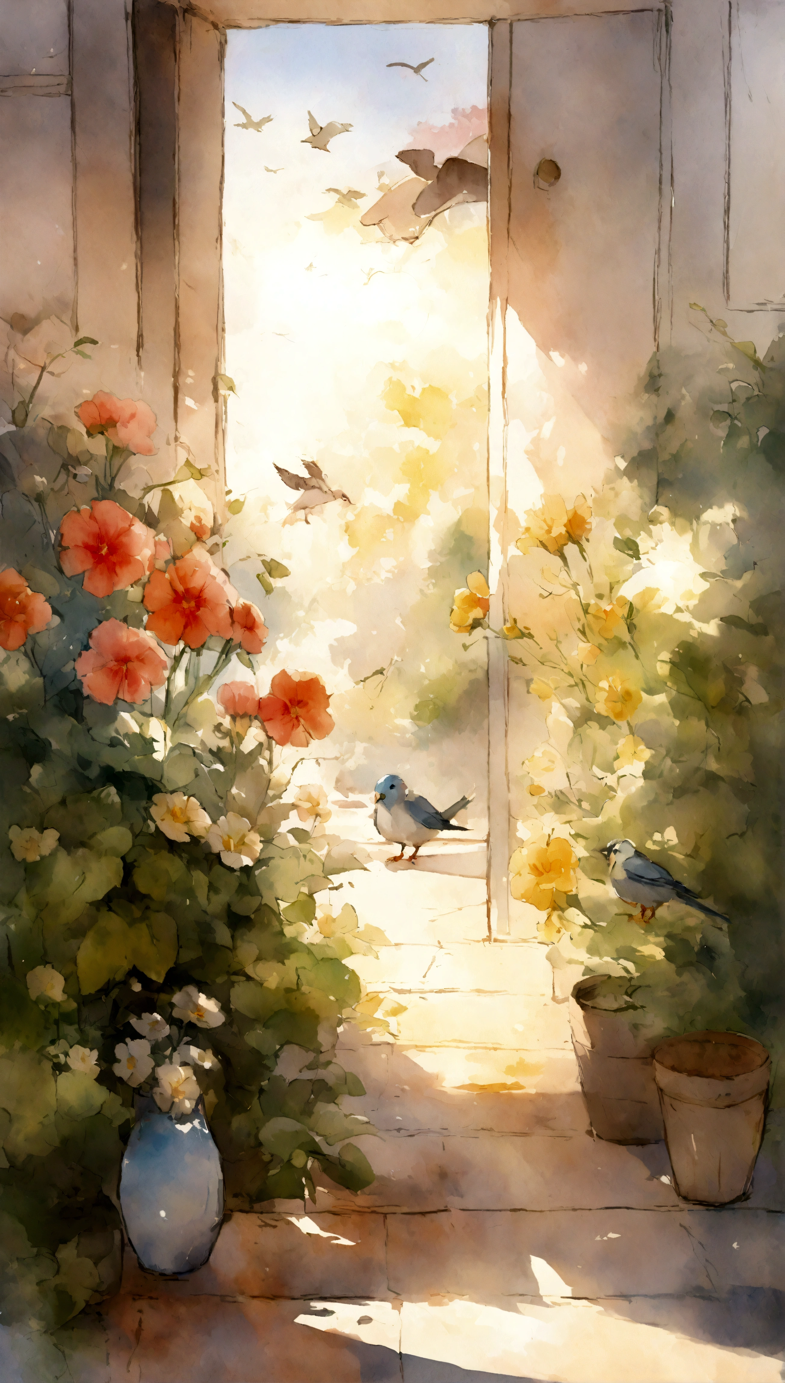 Flowers and birds, sketching, Watercolor color.