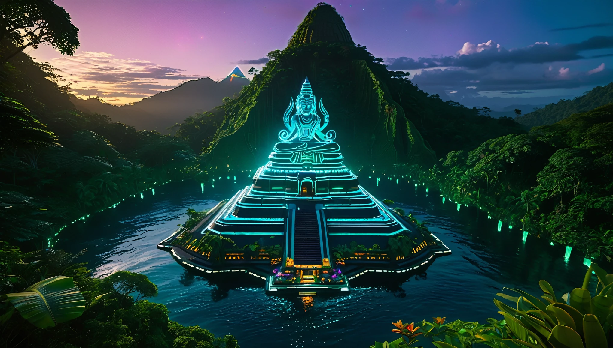 A hyper-realistic DSLR photograph of a Hindu vimana sentient spaceship floating in front of a lush, jungle-covered mountain paradise island in the middle of the sea, with a neon-lit jungle with glowing flora and fauna, where the trees are circuit boards and the rivers flow with liquid light into the sea. The vimana is using lasers to carve an extremely detailed temple that combines Hindu, Egyptian, Aztec, Mayan, Incan, and Atlantean styles with an alien touch into the mountain. The temple features a gigantic central statue resembling an alien Shiva-Buddha with multiple arms, similar to Avalokiteshvara. In the background, there's an epic sunrise with vibrant colors illuminating the scene. The image should have realistic lighting, textures, and depth, making it appear indistinguishable from an actual photograph taken with a high-end camera, cinematic, ominous, awe inspiring