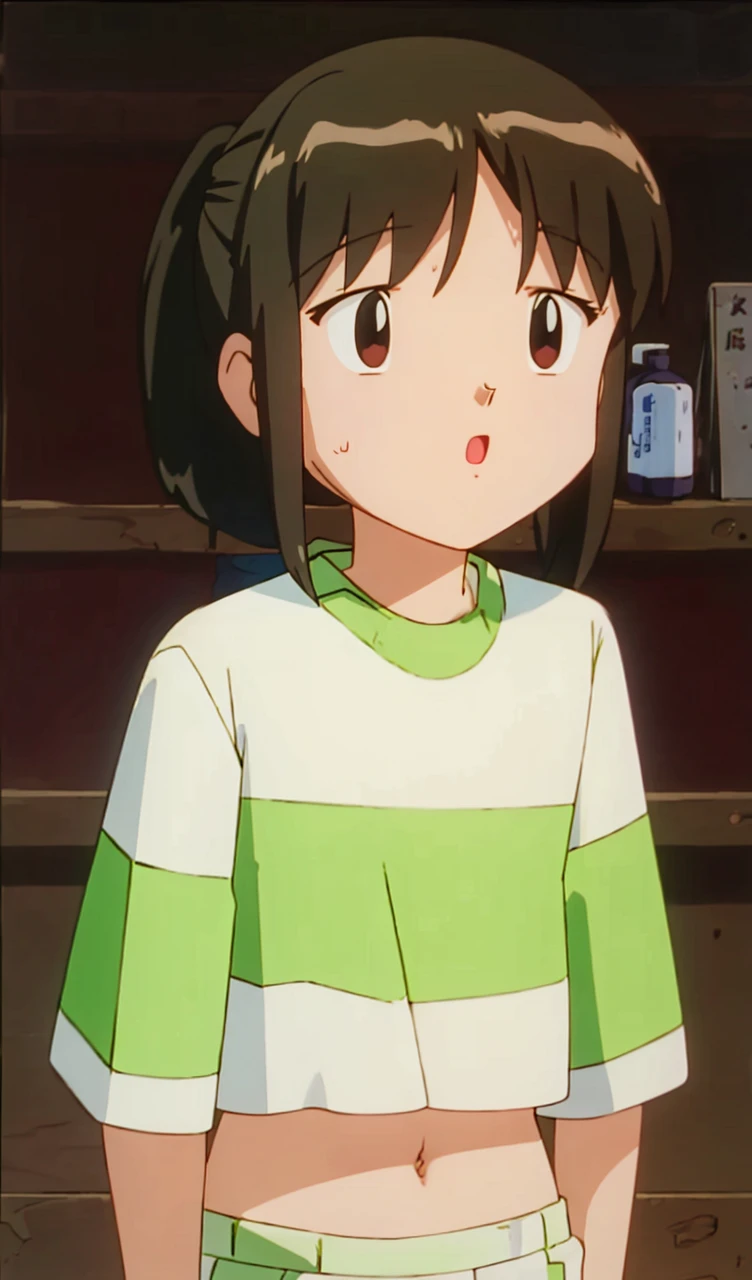 Same as original picture, brown hair girl, ponytail, belly button 