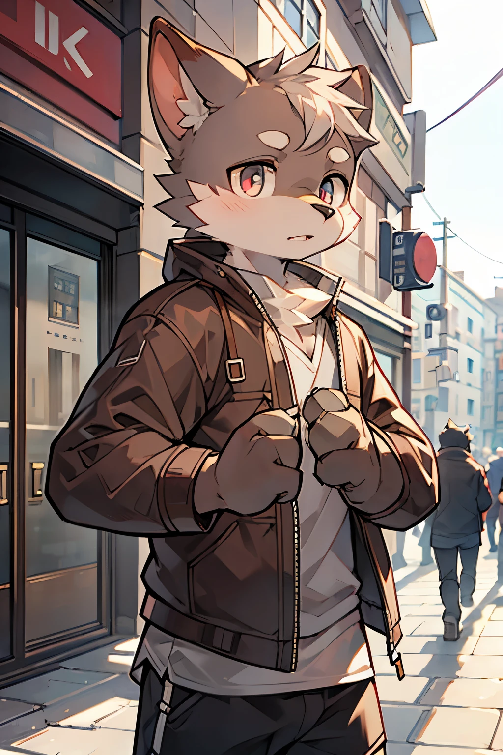 Exquisite lines，best quality。male，Brown Dog Orc，Grey short coat，Grey shorts，Pink pupils，Background city bustling streets，daytime