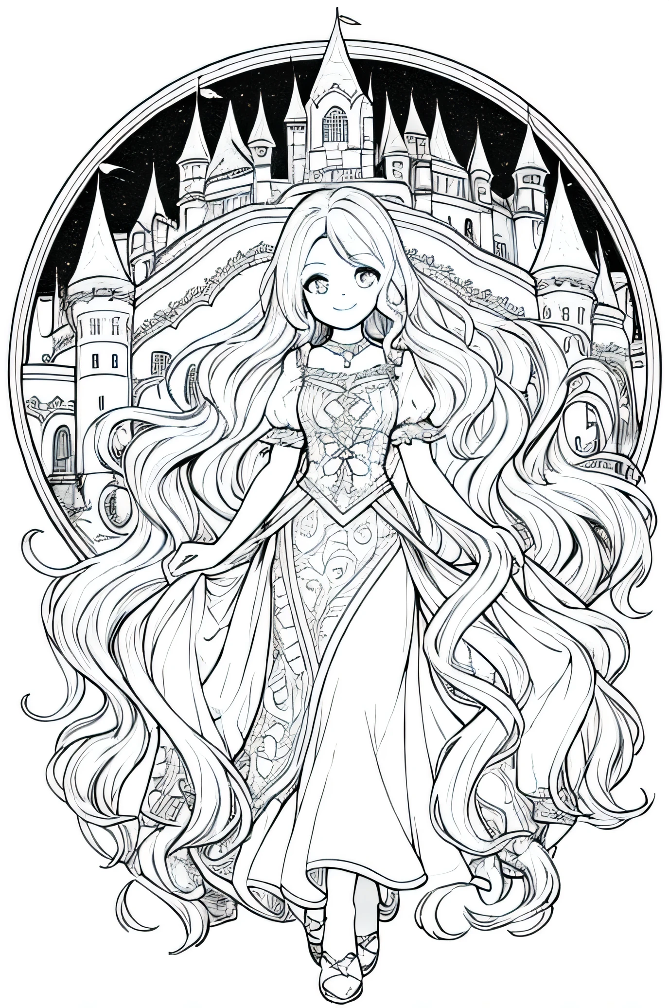 highest quality, High resolution, Simple Background, High Contrast, 1 girl, whole body, Castle Background, Beautiful line art, Vibrant colors,12 years old,Wavy long hair,smile