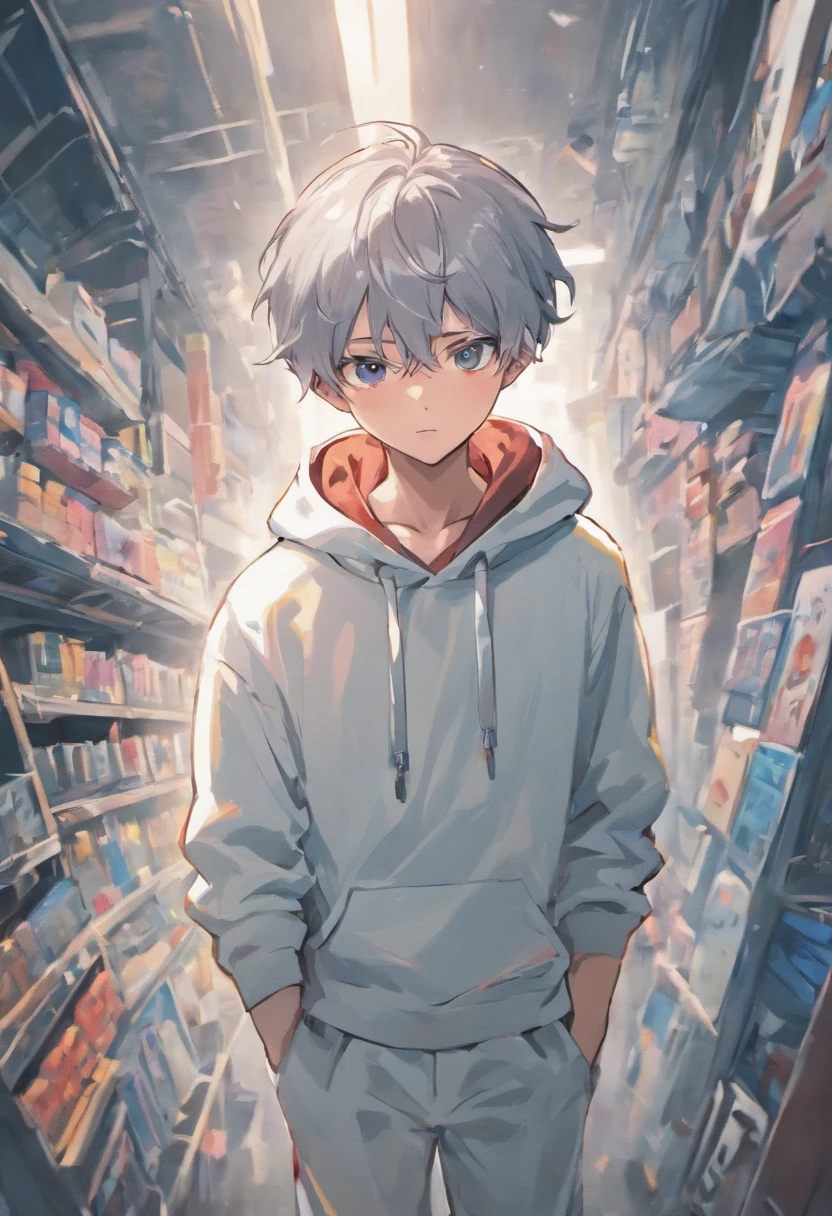 Gray-haired Japanese anime boy youth, VR glasses,, White hoodie, White shorts, No tattoos, No beard