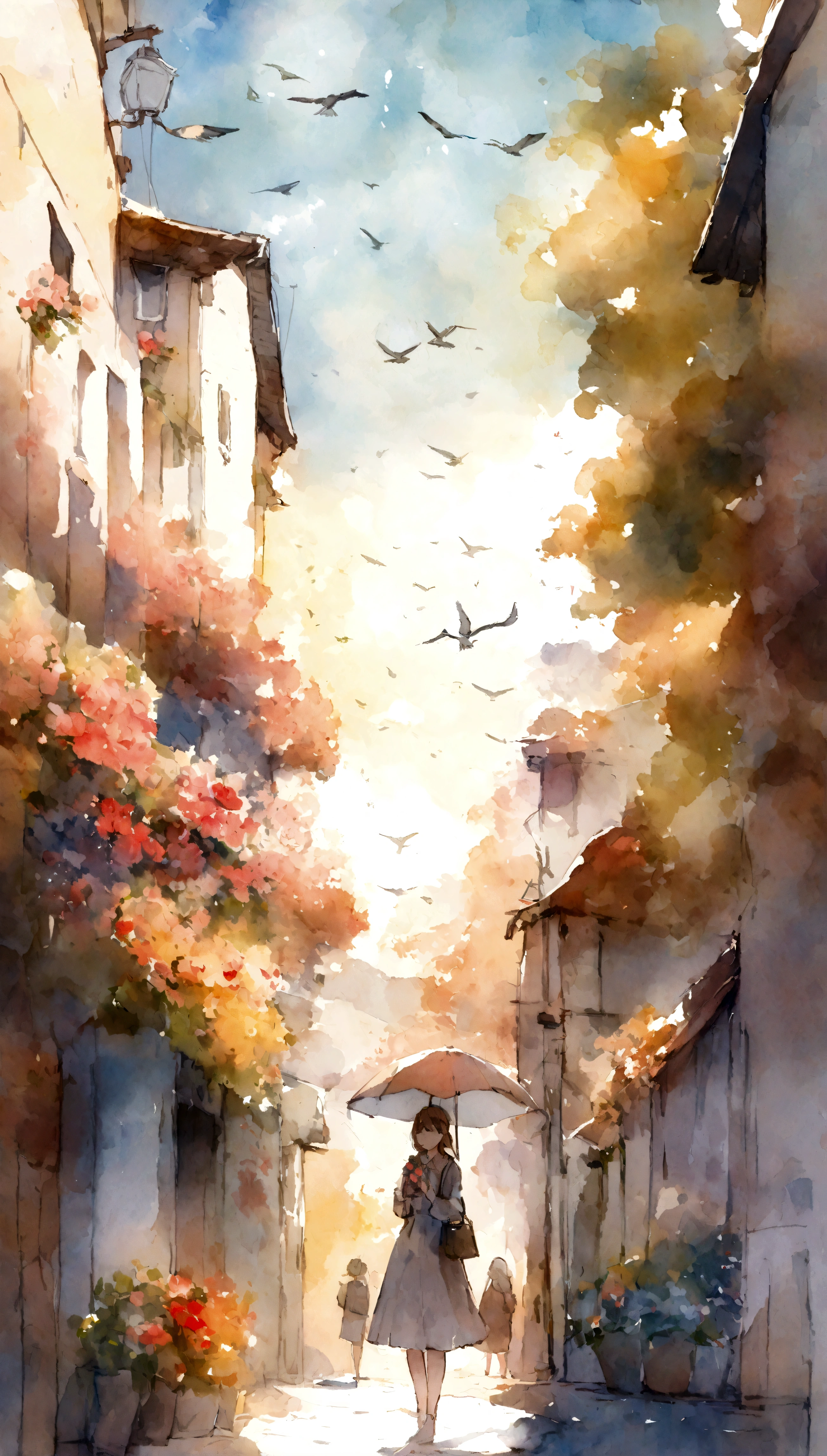 Flowers and birds, sketching, Watercolor color.