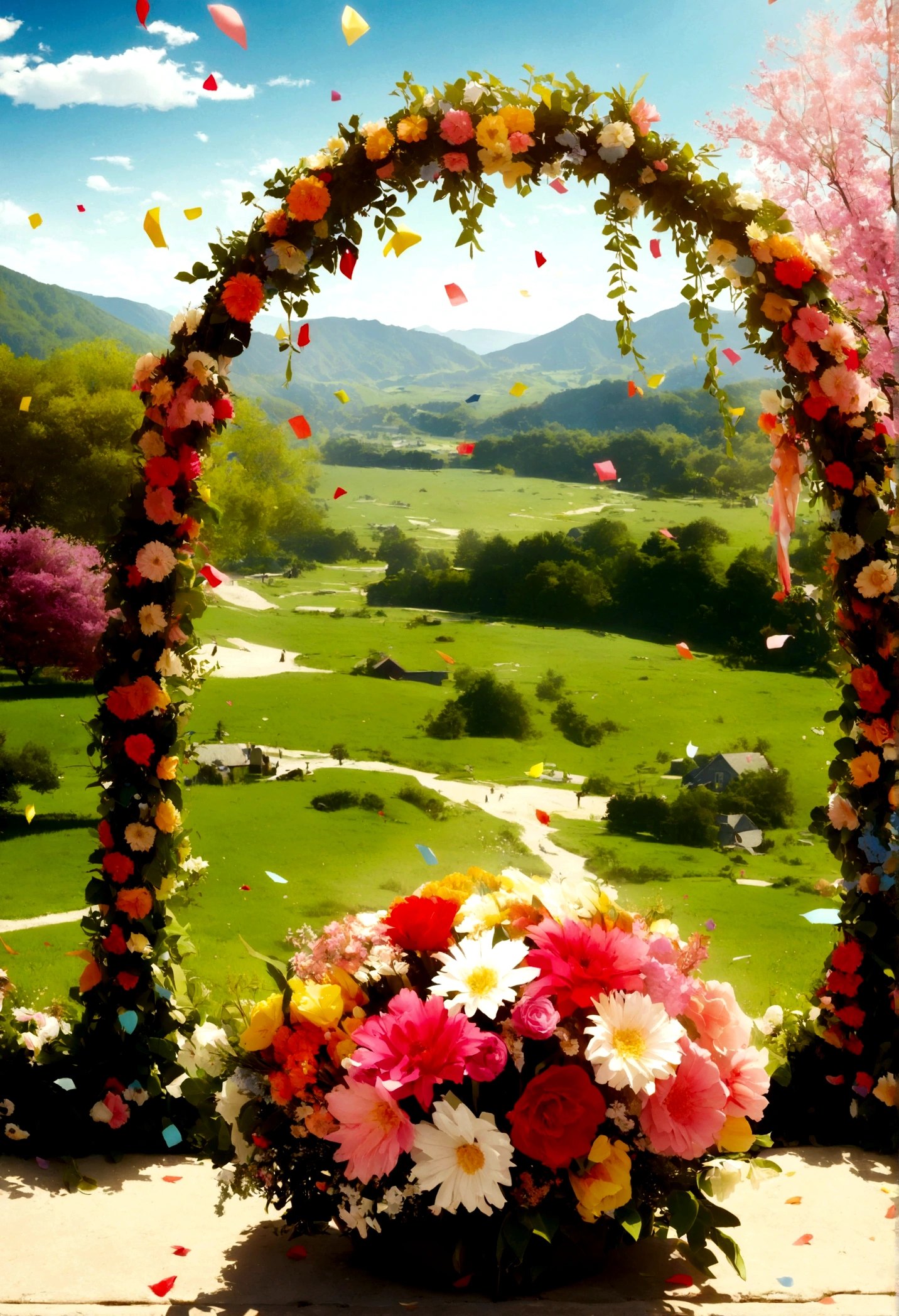A room decorated with flowers and confetti, spring day, , Official Fan Art, Bright Scene,, Coronation, Promotional Photos, flowering, Video stills, Music video stills, Bright sky, , Full shot of the landscape, Promotional Photos, Concept photo, Promotional Images, Color photography, highlight、Euphoria、bouquet、happiness