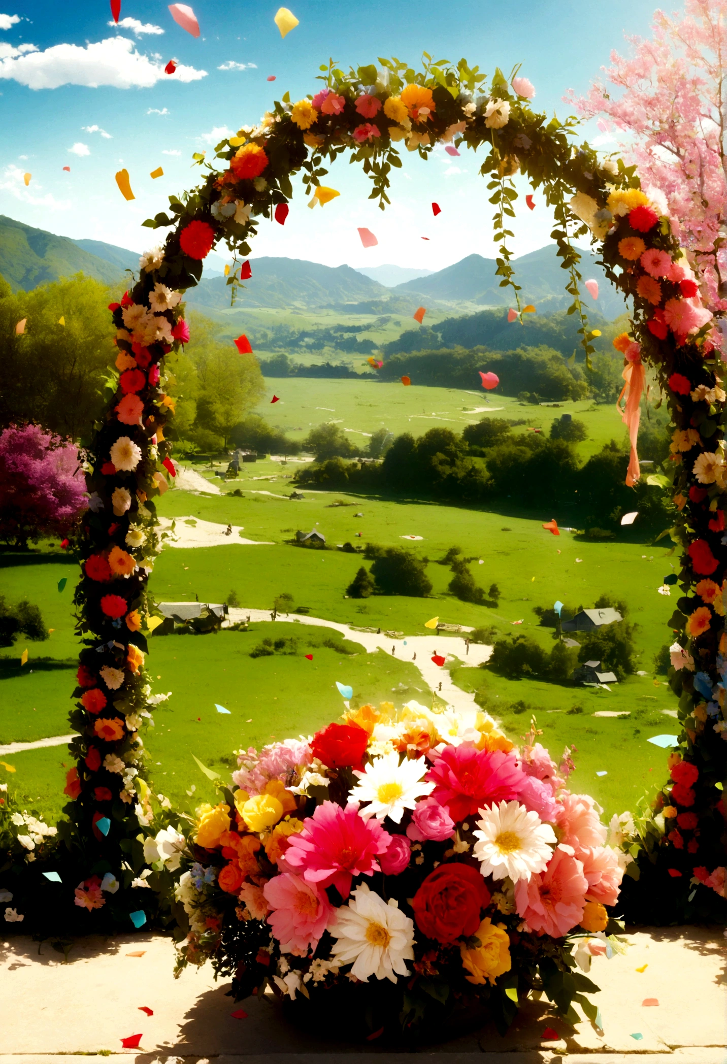A room decorated with flowers and confetti, spring day, , Official Fan Art, Bright Scene,, Coronation, Promotional Photos, flowering, Video stills, Music video stills, Bright sky, , Full shot of the landscape, Promotional Photos, Concept photo, Promotional Images, Color photography, highlight、Euphoria、bouquet、happiness
