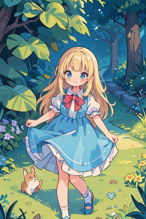 (Official Art、highest quality、unity 8k wallpaper、32k、masterpiece、Very detailed、超A high resolution)、Fantasy、((Alice in Wonderland))、1 female, 12 years old、blonde、Long Hair、Blue colored eyes、Blue Apron Dress、Trump&#39;soldier、rabbit with a clock、Red Rose、White Rose、Stand in front of the house