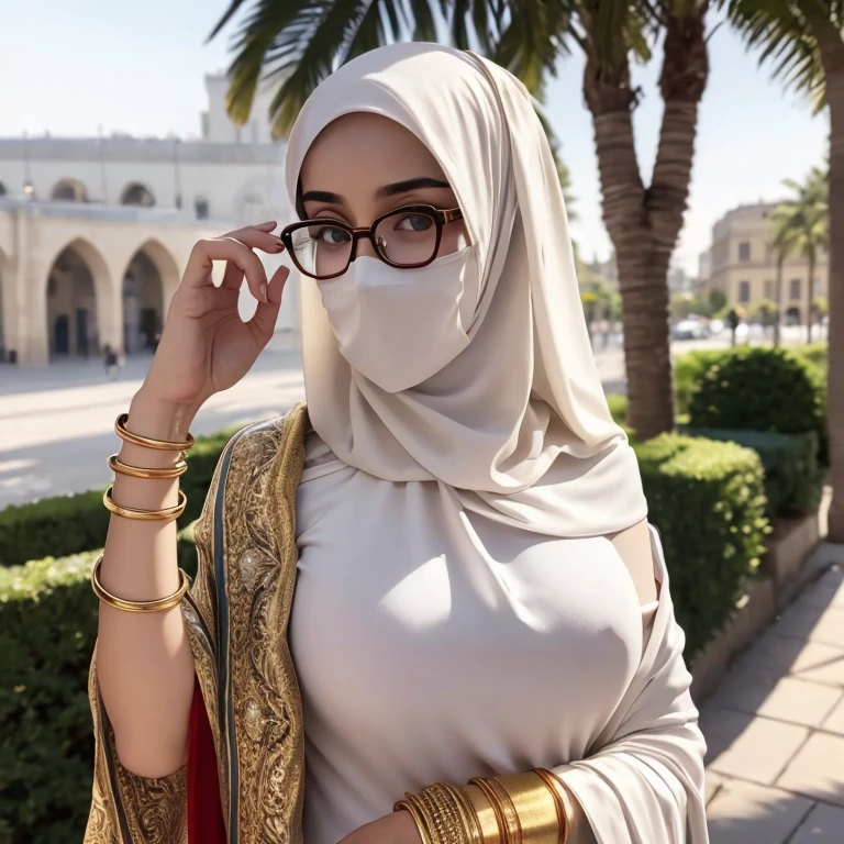 A beautiful high school glasses pregnant Arabian 17 years old girl model, white skin, sharp nose, thin lips, circle face, skinny hand, tight bra, huge breast, off shoulder, wearing hijab, golden indian bangle and bracelet, golden necklace, golden swiss polo watch, Big Ben background, background looks so clear, street photography, realistic photos, 85mm lens, ultra HD, cinematic, very detailed, sharp focus detailed squinting eyes, detailed horny face