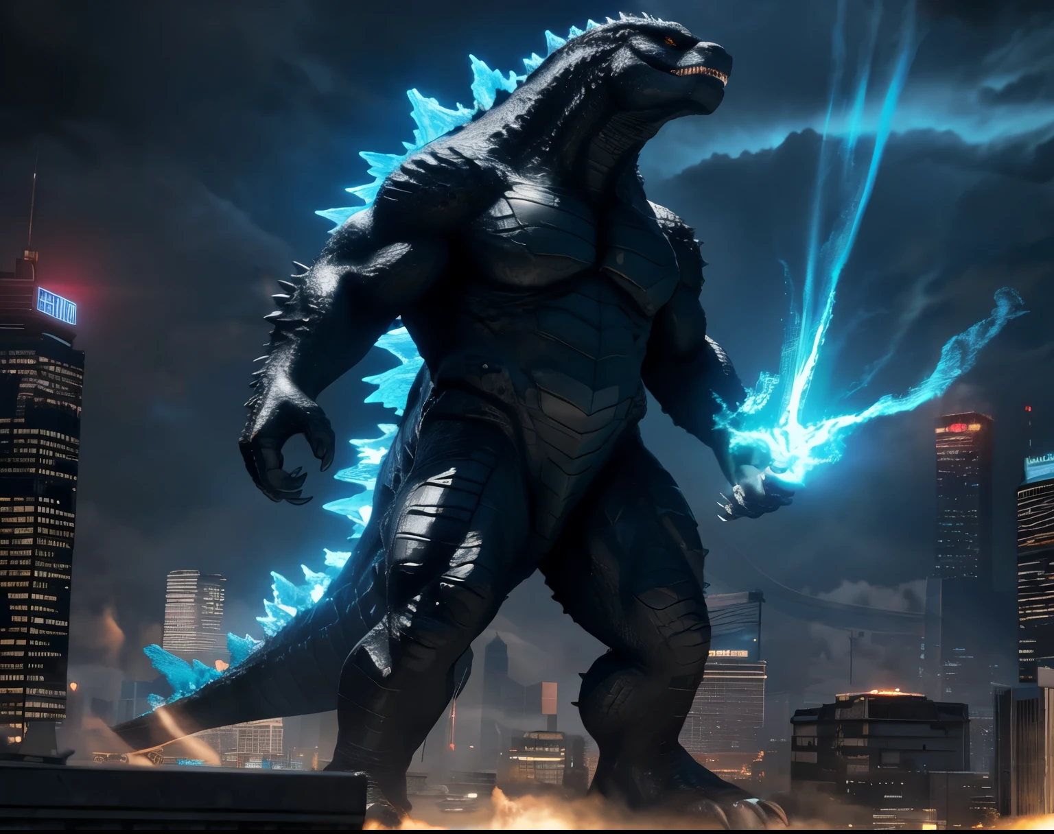 A giant, towering Godzilla, hyper-realistic, photorealistic, 3D render, extremely detailed, cinematic lighting, dramatic pose, destructive, menacing, powerful, looming over a city skyline, cityscape in the background, dark moody atmosphere, dramatic shadows, glowing radioactive blue energy emanating from Godzilla's body, cinematic camera angle, masterpiece, best quality, 8K, HDR