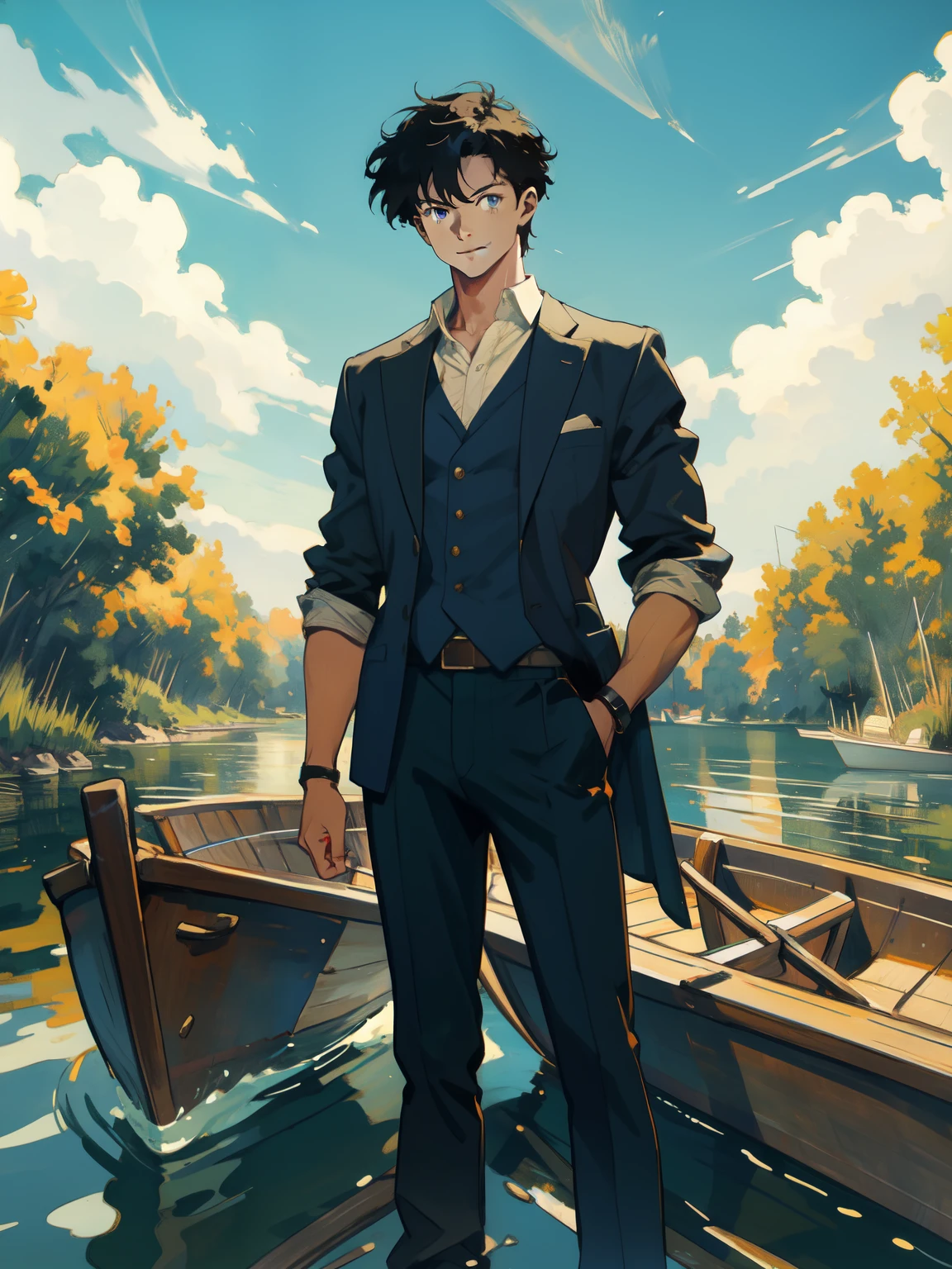 smile, Gentle young man, A classy young man, Gentlemanly youth, Kind eyes, Black Hair, Sunburned skin, Clean look, The dark blue costume is reminiscent of a 14th century painting., Brown leather strap with damask steel clasp, High-end fashion, Aristocratic, masterpiece, highest quality, 1 male, Adult, mature, Tall and muscular man, Rowing a boat on the river