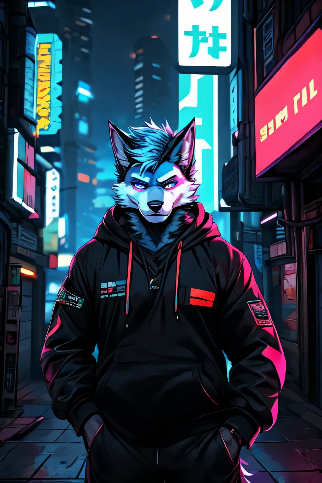 hairy,fur, pure, anthropology, male, the strong,Solitary, clothing, fur, 2024, black clothing, hoodie, Black top, There are eyelids, black hoodie, Cyberpunk city background,Blue-white hair,Werewolf