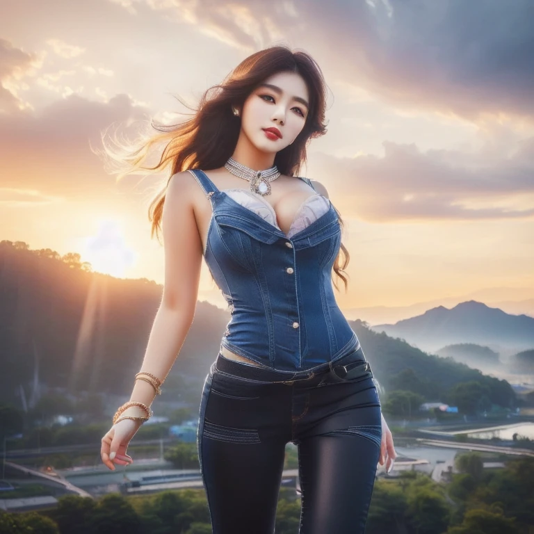 Close-up of woman in body suit,Denim dresses and tight pants, beautiful south thai women, Thai anime, Korean girl, Hot with bright sunlight, gorgeous young korean woman, นางแบบแฟชั่นkorean woman, beautiful young korean woman, korean woman, Photo of a thin girl model, 8k photos, 3-D, beautiful asian girl, Thin waist and thick hips, beautiful female model, Korean idol