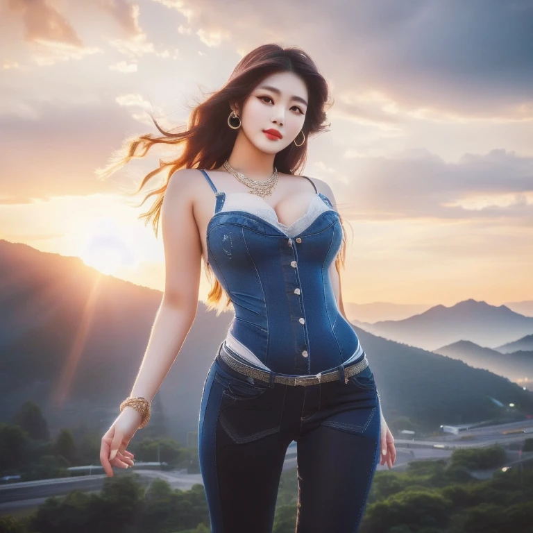 Close-up of woman in body suit,Denim dresses and tight pants, beautiful south thai women, Thai anime, Korean girl, Hot with bright sunlight, gorgeous young korean woman, นางแบบแฟชั่นkorean woman, beautiful young korean woman, korean woman, Photo of a thin girl model, 8k photos, 3-D, beautiful asian girl, Thin waist and thick hips, beautiful female model, Korean idol