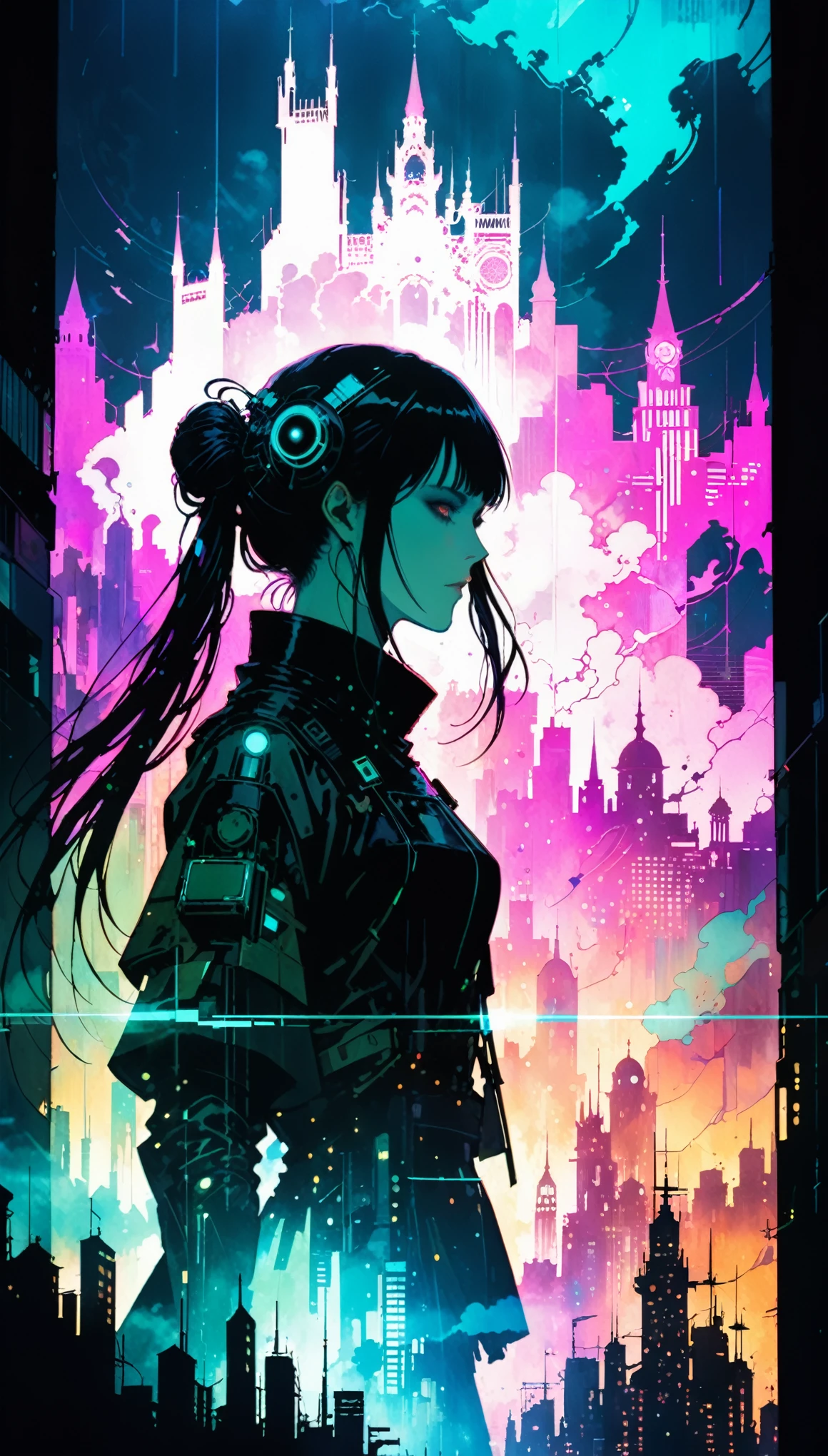 in style of Harry Clarke,(in style of Ashley Wood:1.4),
(double exposure:1.4),1 huge silhouette of a girl and eerie projection of a battle city,thrilling footage exposed,cyberpunk vaporwave,holographic projection,