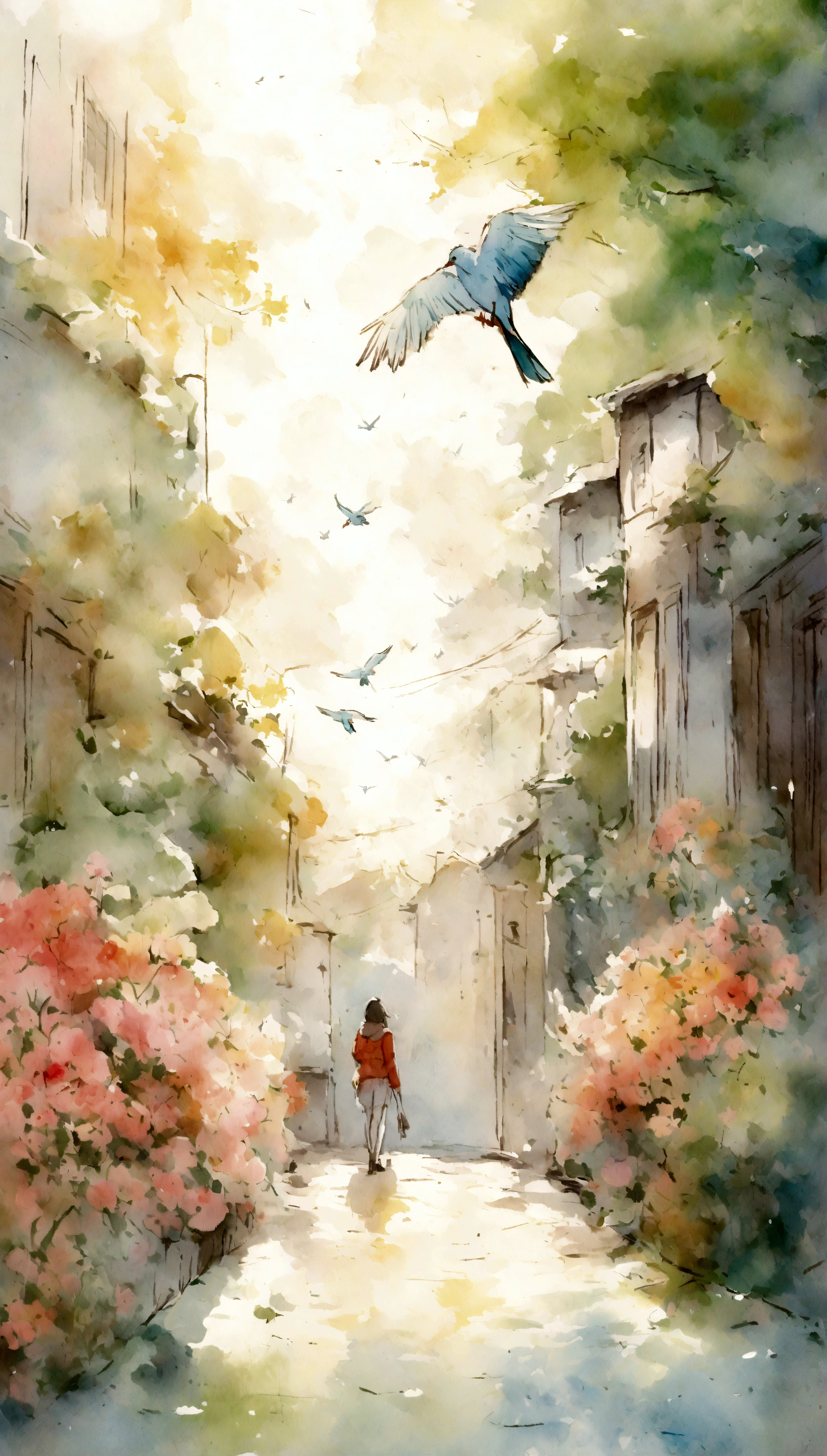 Flowers and birds, sketching, Watercolor color.