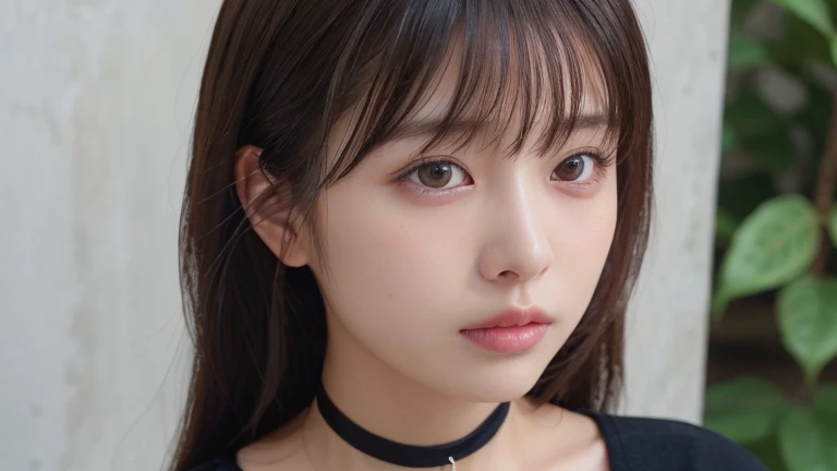 (Long Hair, bangs:1.2),(Put on a choker, Wear a black blouse:1.2),1 girl,Japanese,21 years old,(Small breasts:1.3),(highest quality,masterpiece:1.3,超A high resolution,),(Ultra-detailed,Caustics),(Photorealistic:1.4,RAW shooting,)Ultra-Realistic Capture,Very detailed,High resolution 16K human skin close-up。 Natural skin texture、,Pores、、It needs to be detailed enough to be easily identifiable。 Skin should be even-toned and healthy looking。 Use natural light and colour, Sad expression, Looking at the camera, Perfect dynamic composition, Outdoor