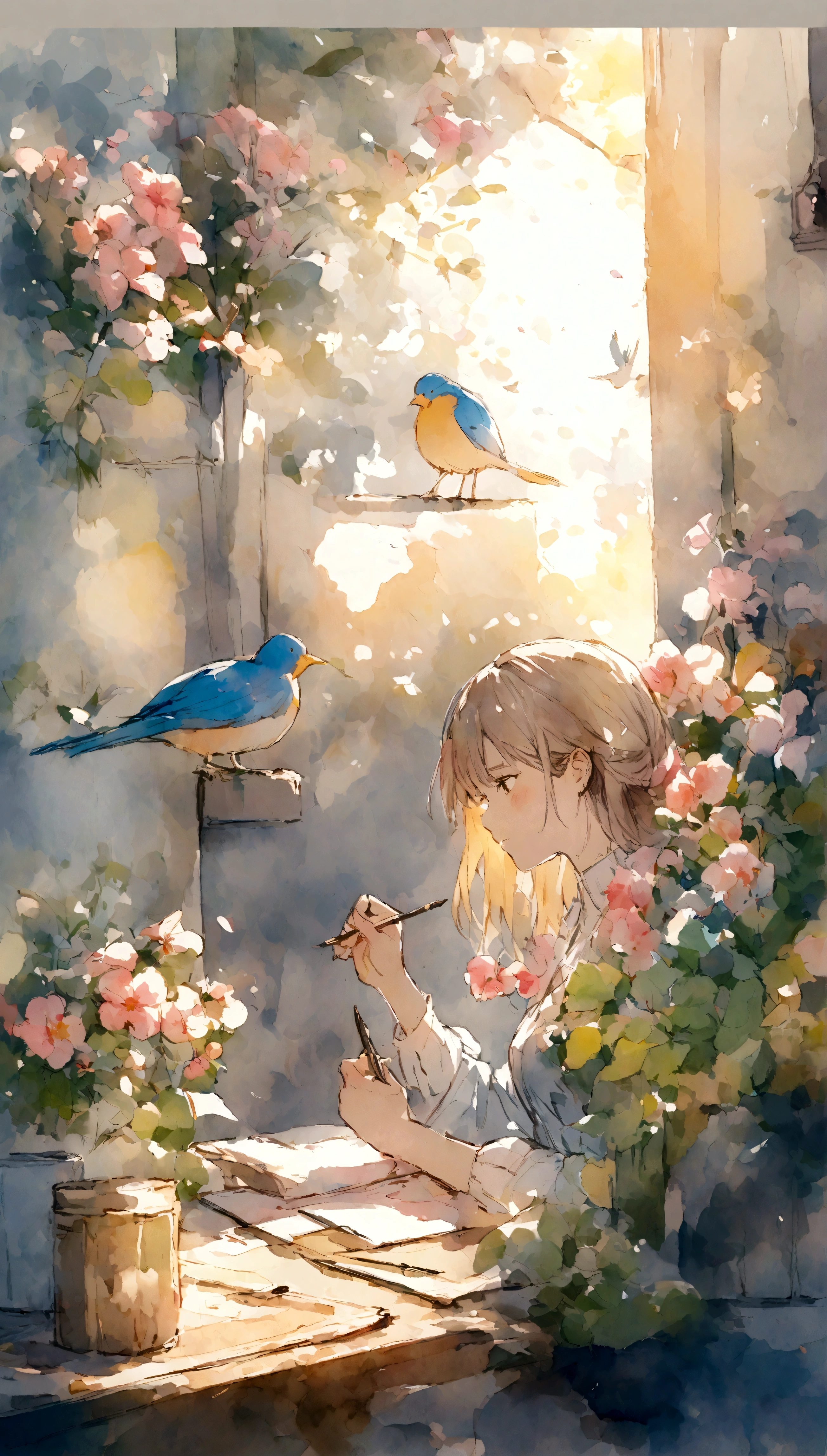 Flowers and birds, sketching, Watercolor color.